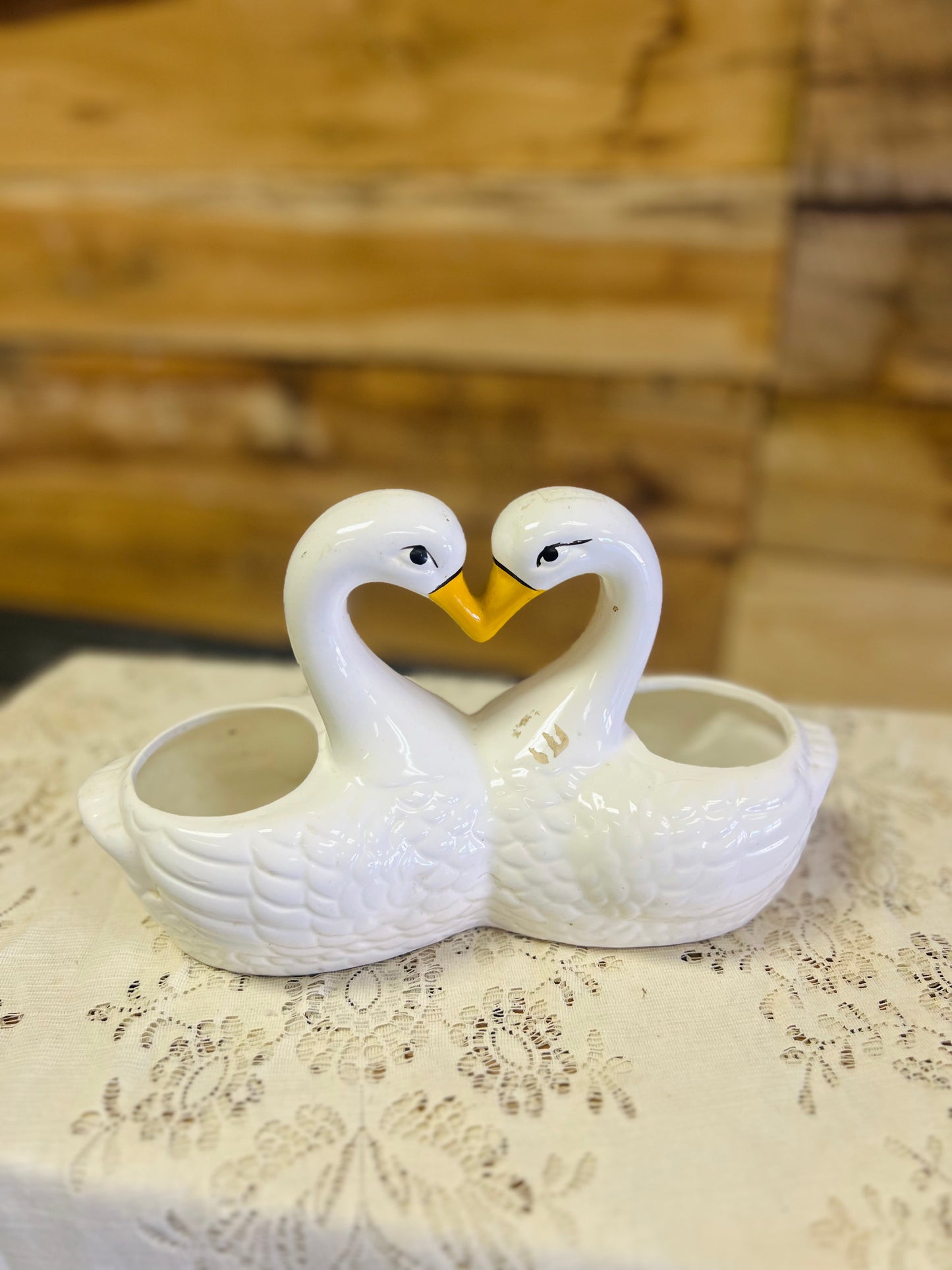 Vintage Double Kissing Swans Heart Planter