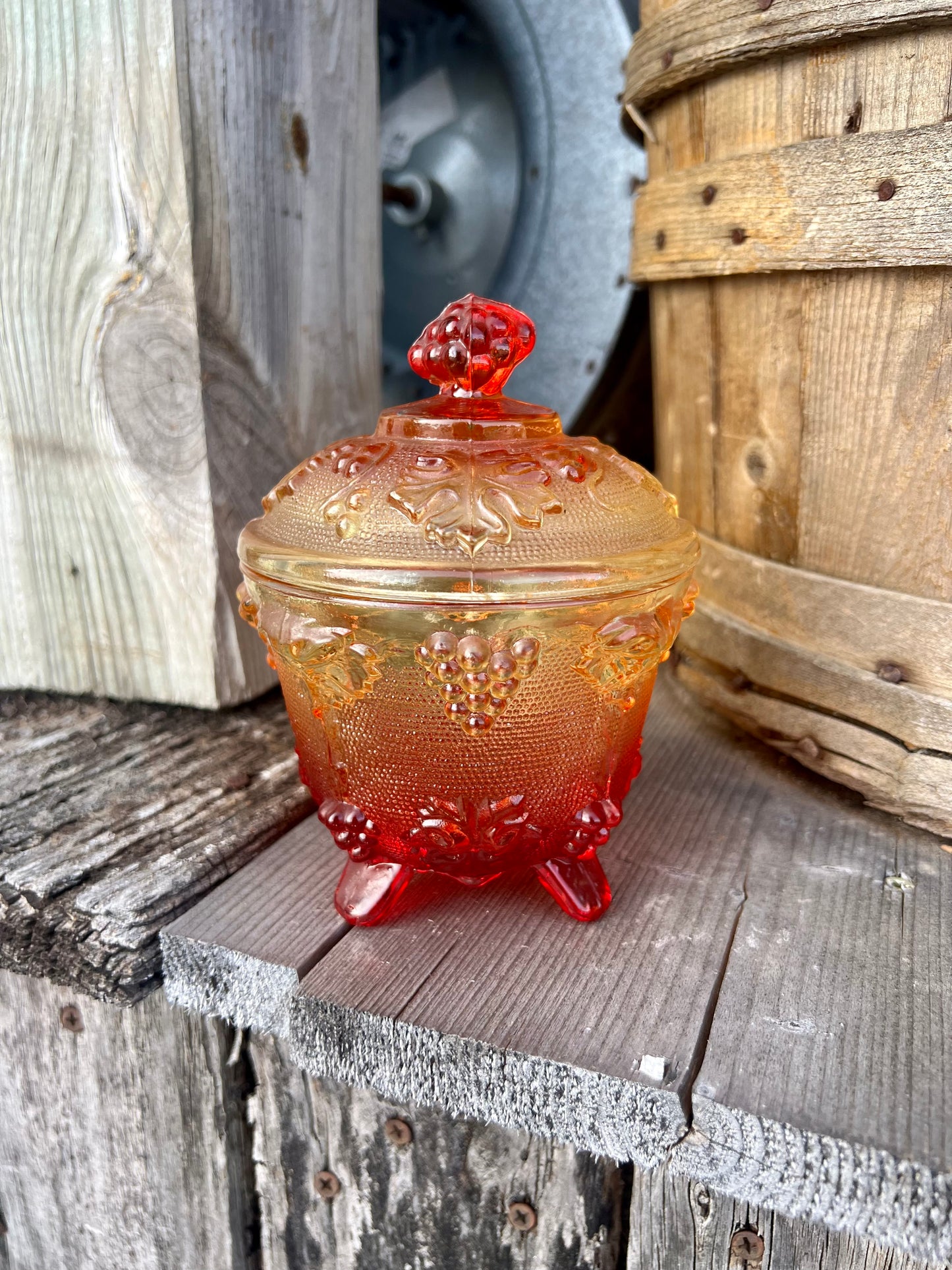 Vintage Amber to Ruby Glass Candy Dish with Lid