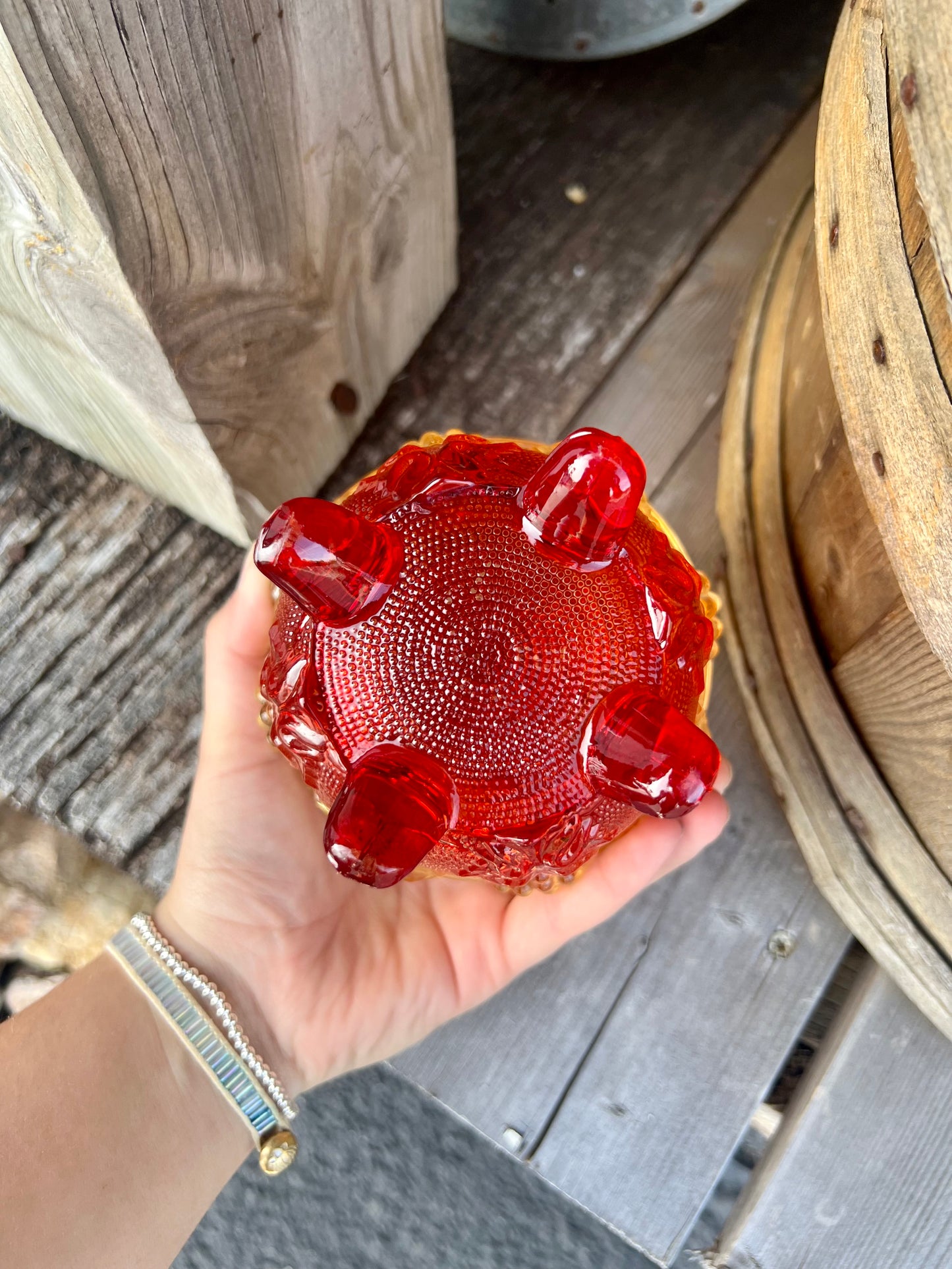 Vintage Amber to Ruby Glass Candy Dish with Lid