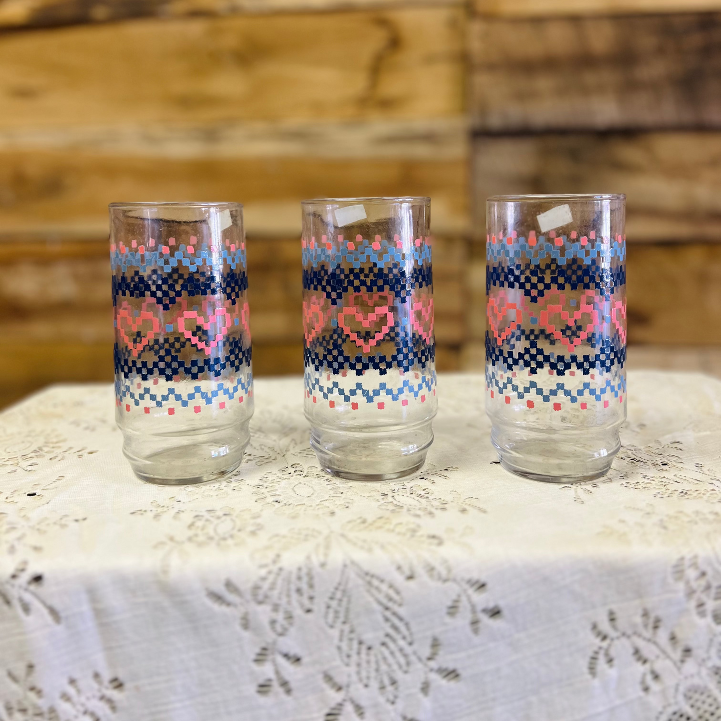 Vintage Heart Cross Stitch Glass Cup