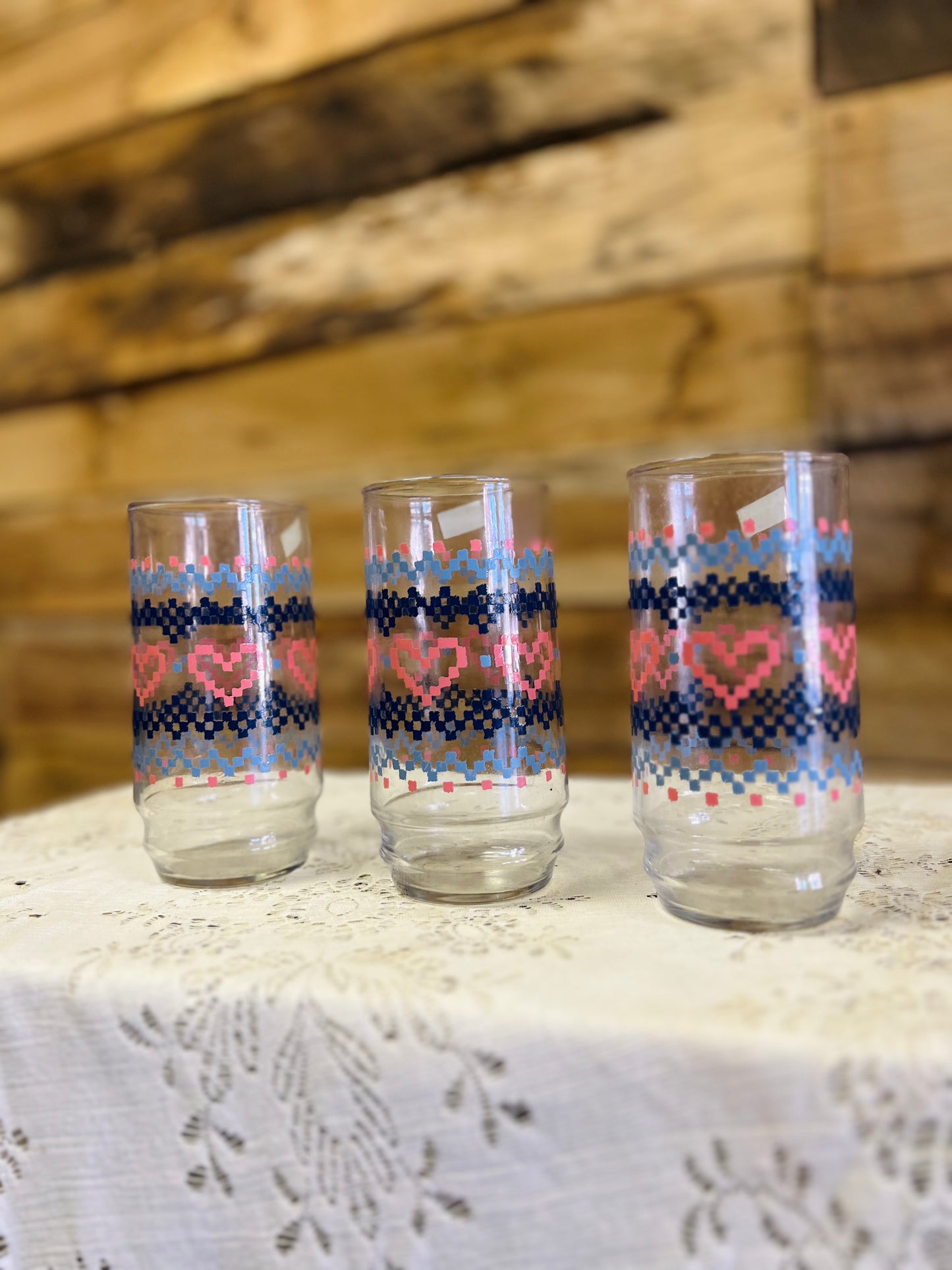 Vintage Heart Cross Stitch Glass Cup