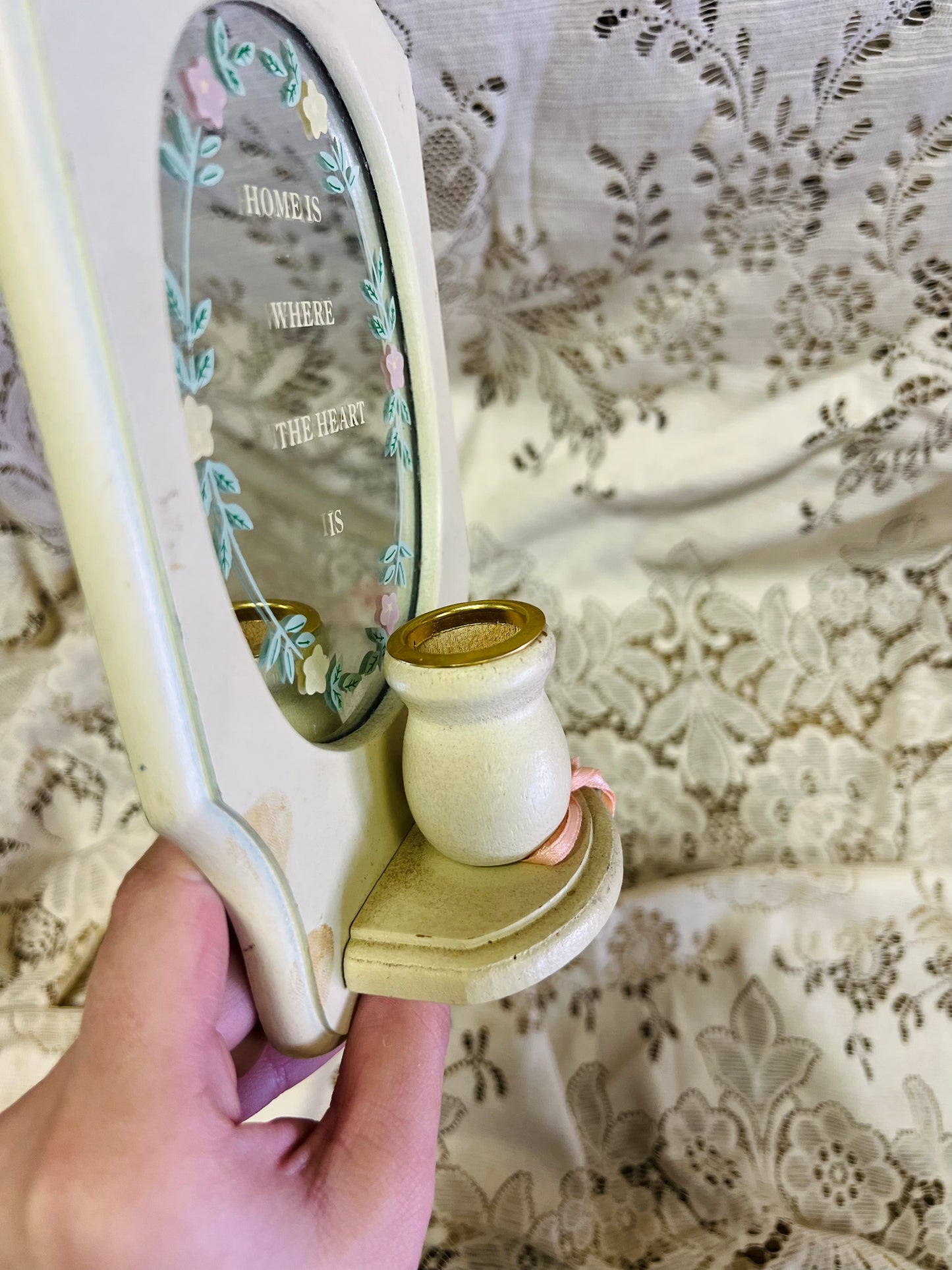 Vintage Wall Candle Sconce with "Home Is Where The Heart Is" Mirror