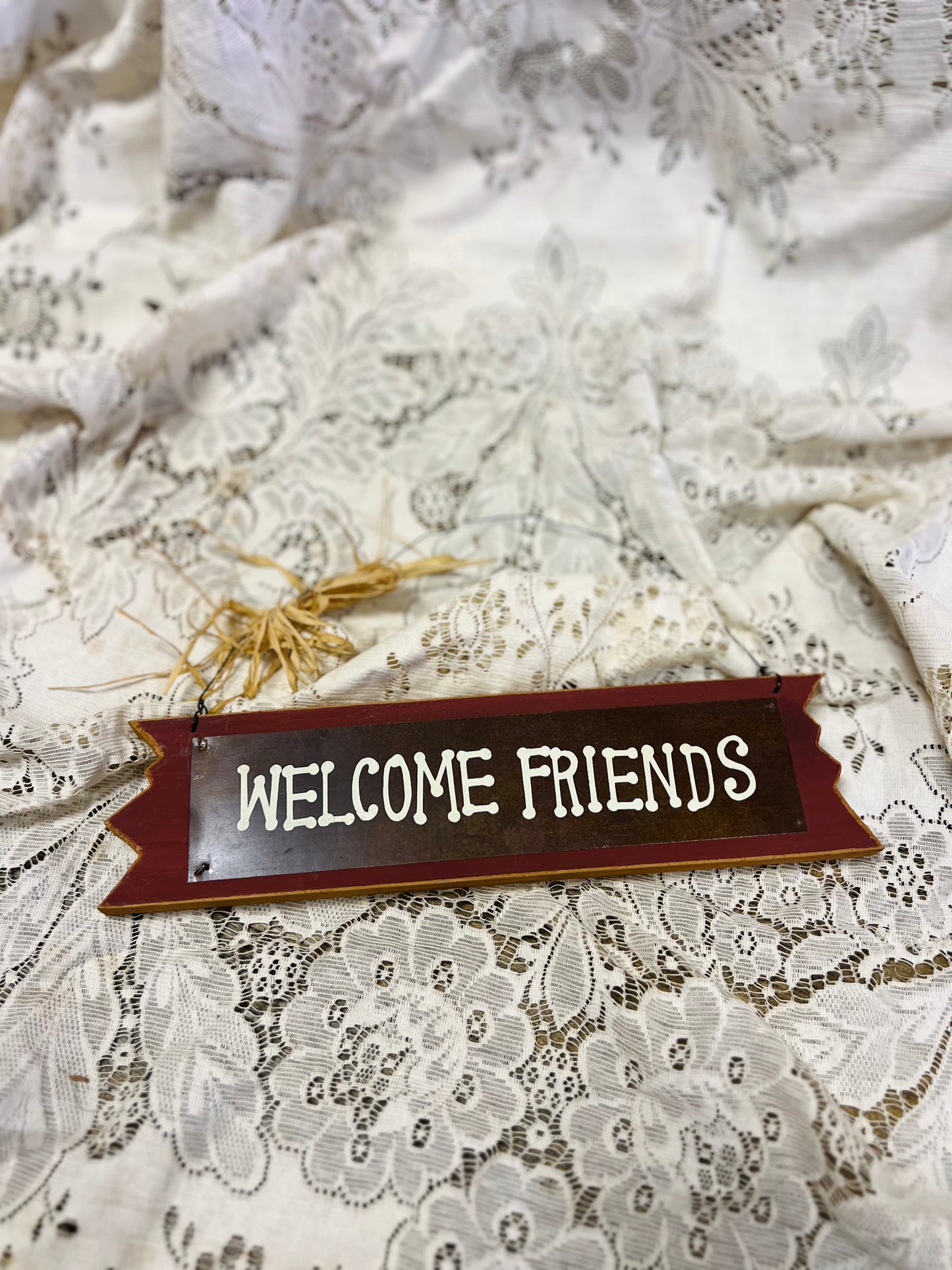 Vintage Wood Welcome Friends Sign - With Wire Hanger