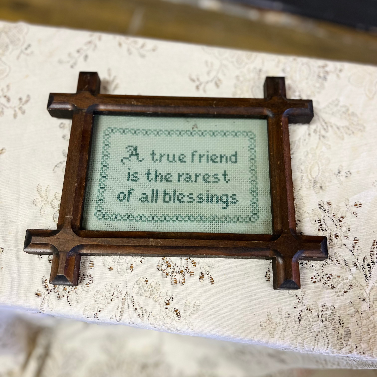 Vintage "A true friend is the rarest of all blessings" Cross Stitch Framed Embroidery Sign