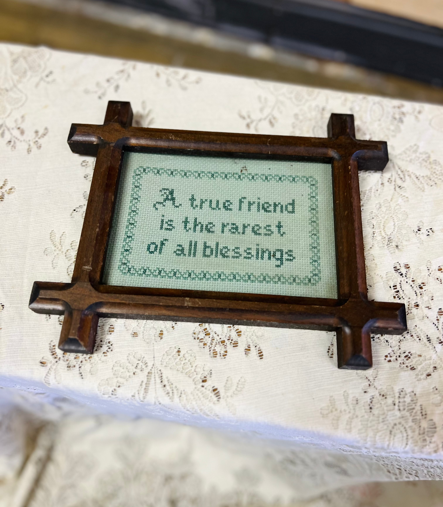 Vintage "A true friend is the rarest of all blessings" Cross Stitch Framed Embroidery Sign