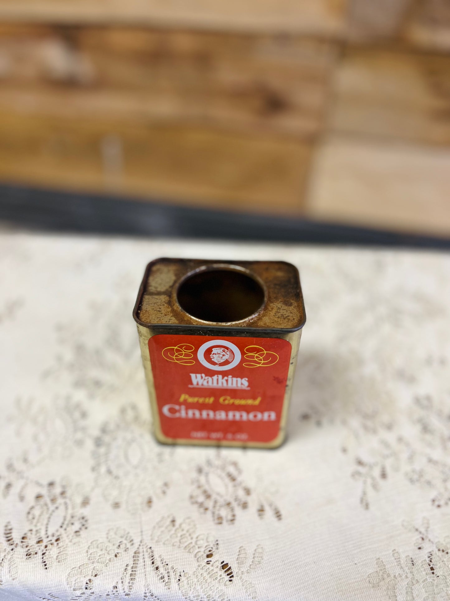 Vintage Watkins Purest Ground Cinnamon Red & Gold Tin