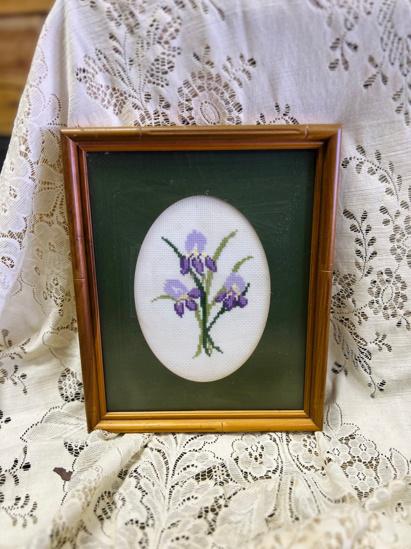 Vintage Cross Stitch Purple Flowers Green Background Framed Print
