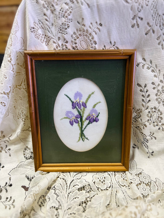 Vintage Cross Stitch Purple Flowers Green Background Framed Print