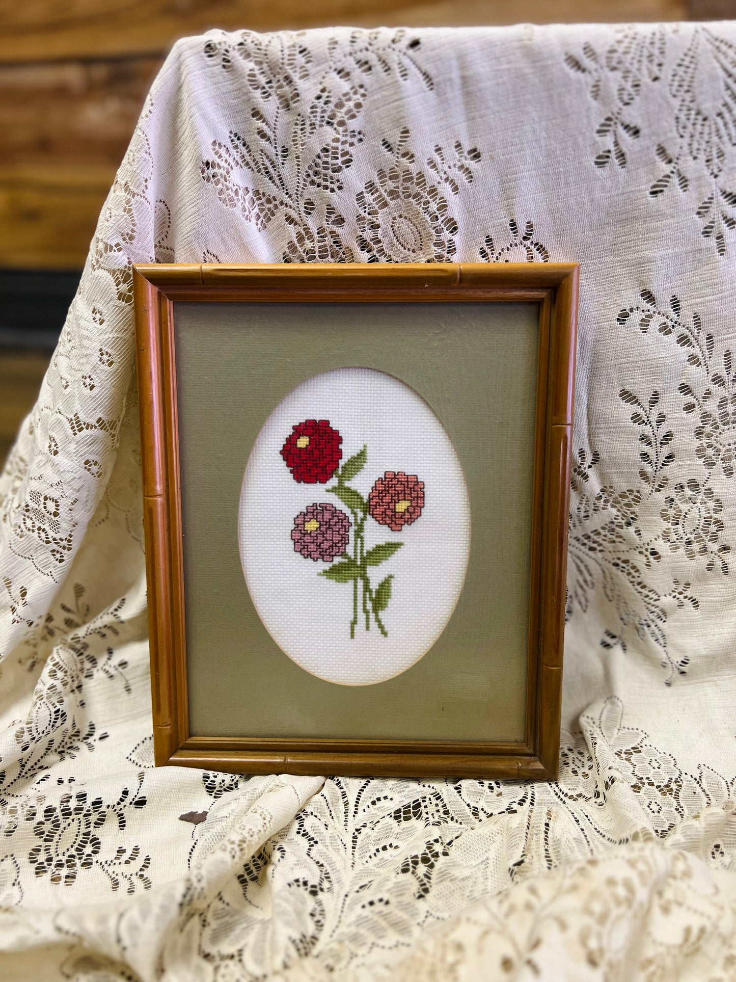 Vintage Needlework Pink and Red Flower Print with Green Background - Wood Frame