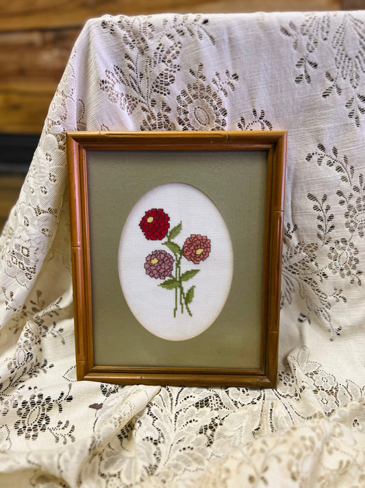 Vintage Needlework Pink and Red Flower Print with Green Background - Wood Frame