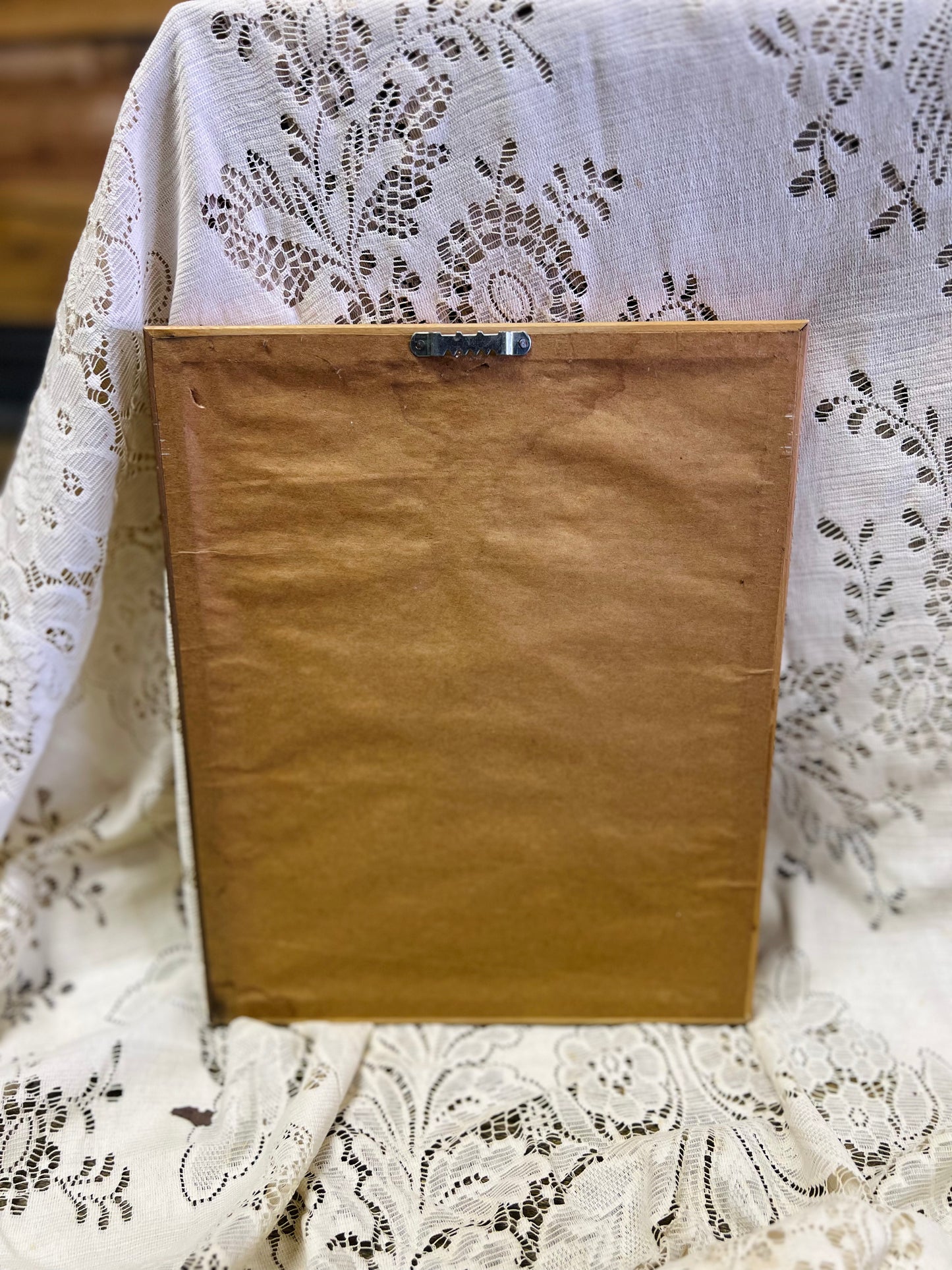 Vintage Needlework Pink and Red Flower Print with Green Background - Wood Frame