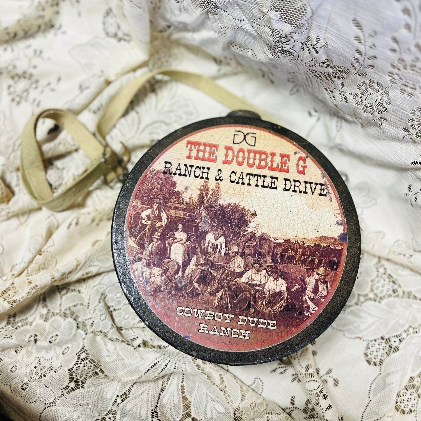 Vintage The Double G Ranch & Cattle Drive Tin Canteen