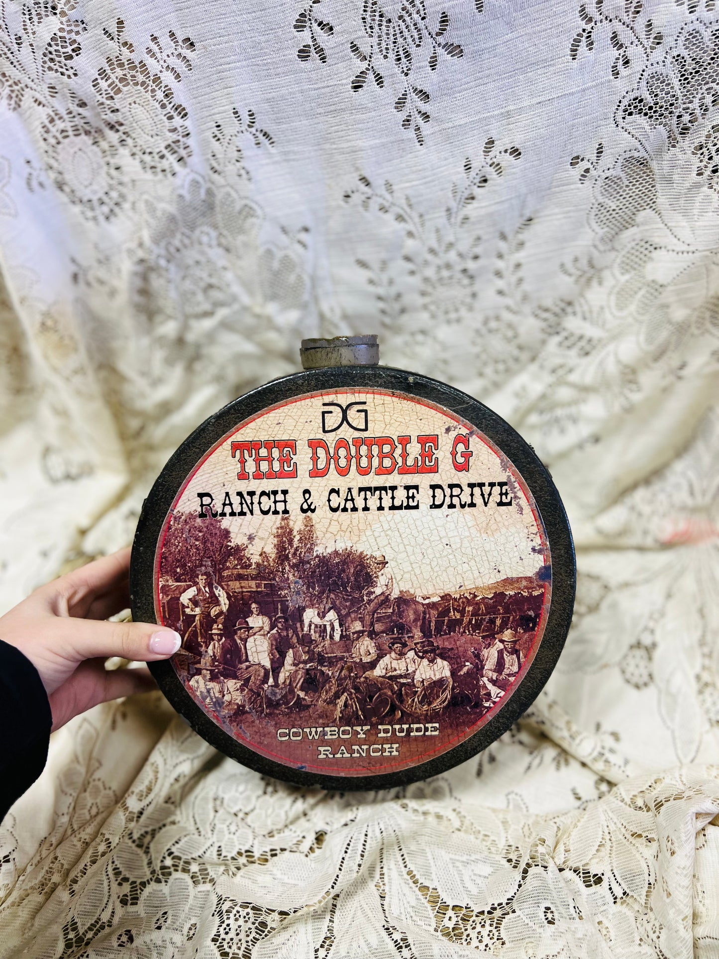 Vintage The Double G Ranch & Cattle Drive Tin Canteen