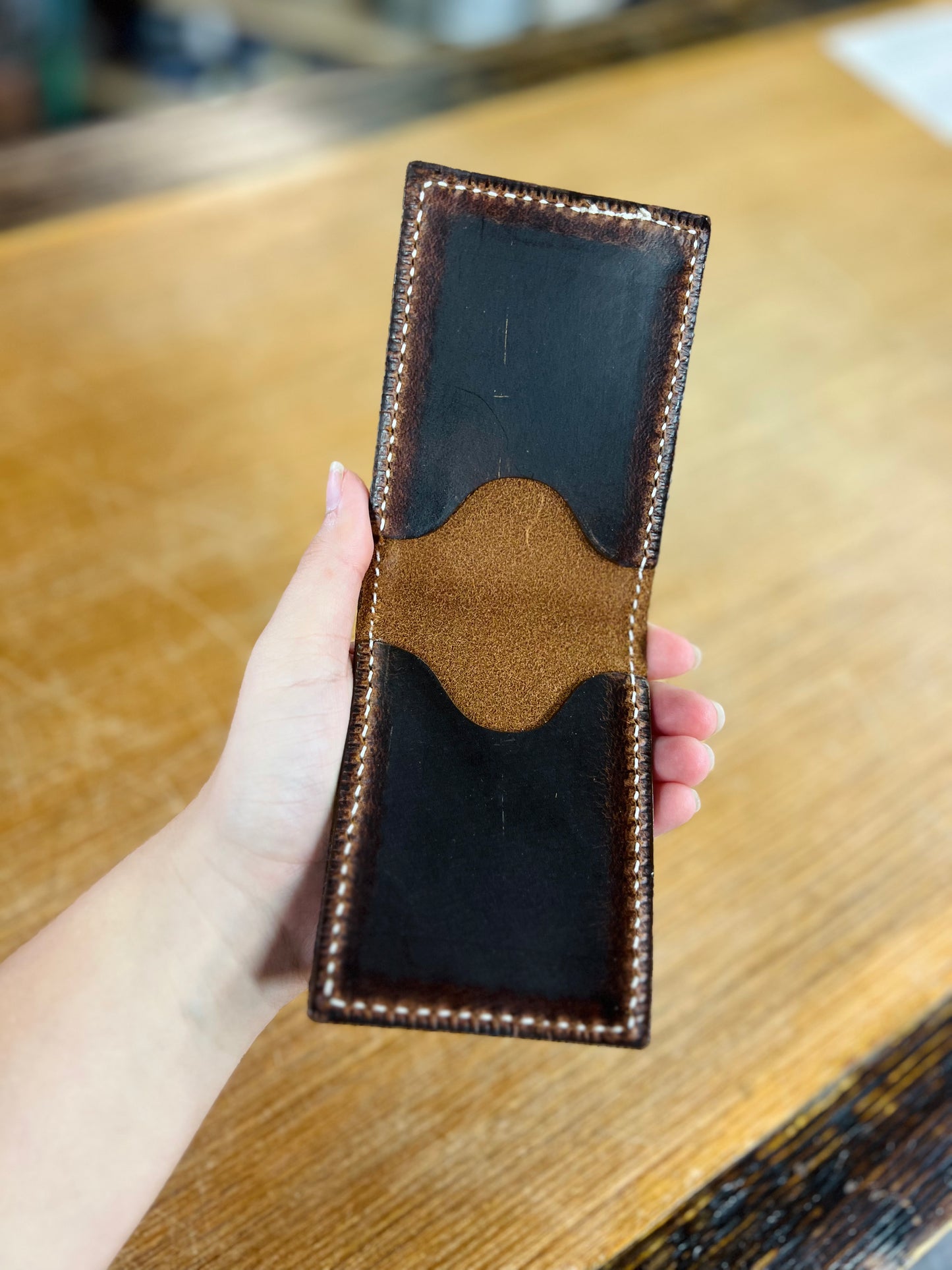 Genuine Leather Folding 2 Pocket Card Holder - Amish Made