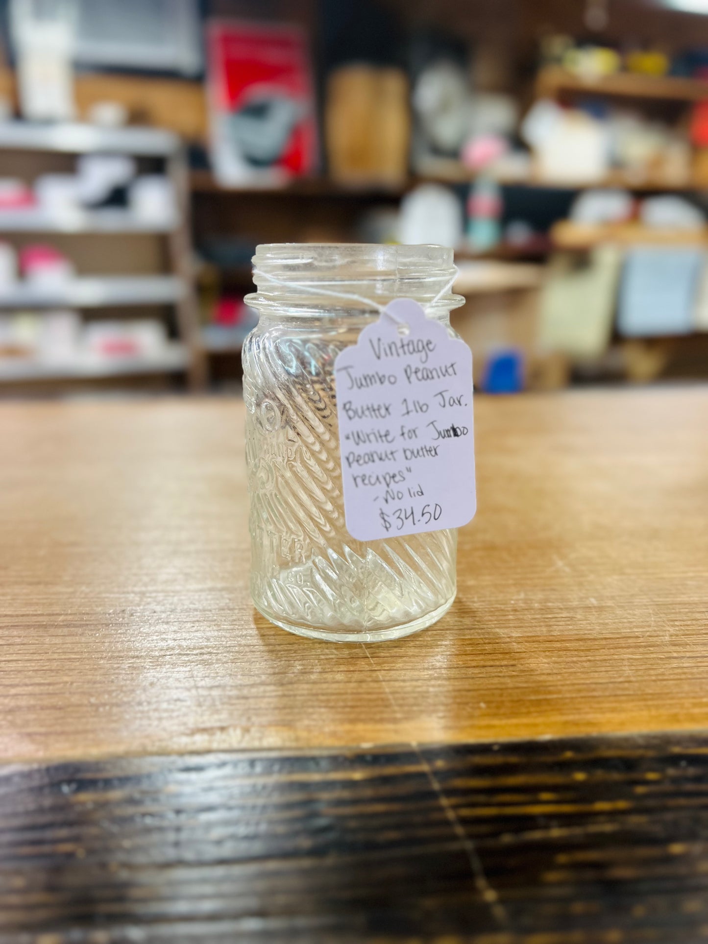 Vintage Jumbo Peanut Butter 1lb Jar "Write For Jumbo Peanut Butter Recipes" - No lid