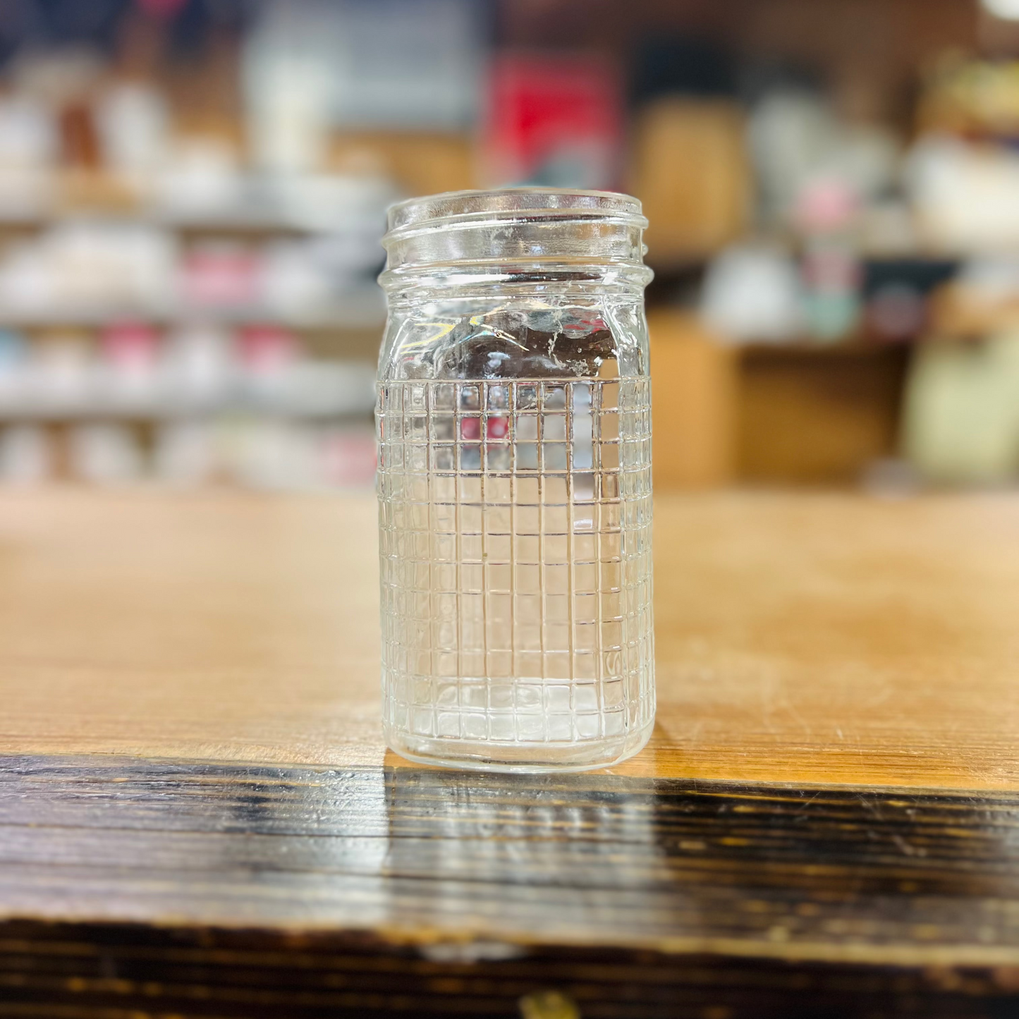 Vintage Clear Glass Waffle Grid Pattern Jar - Pint