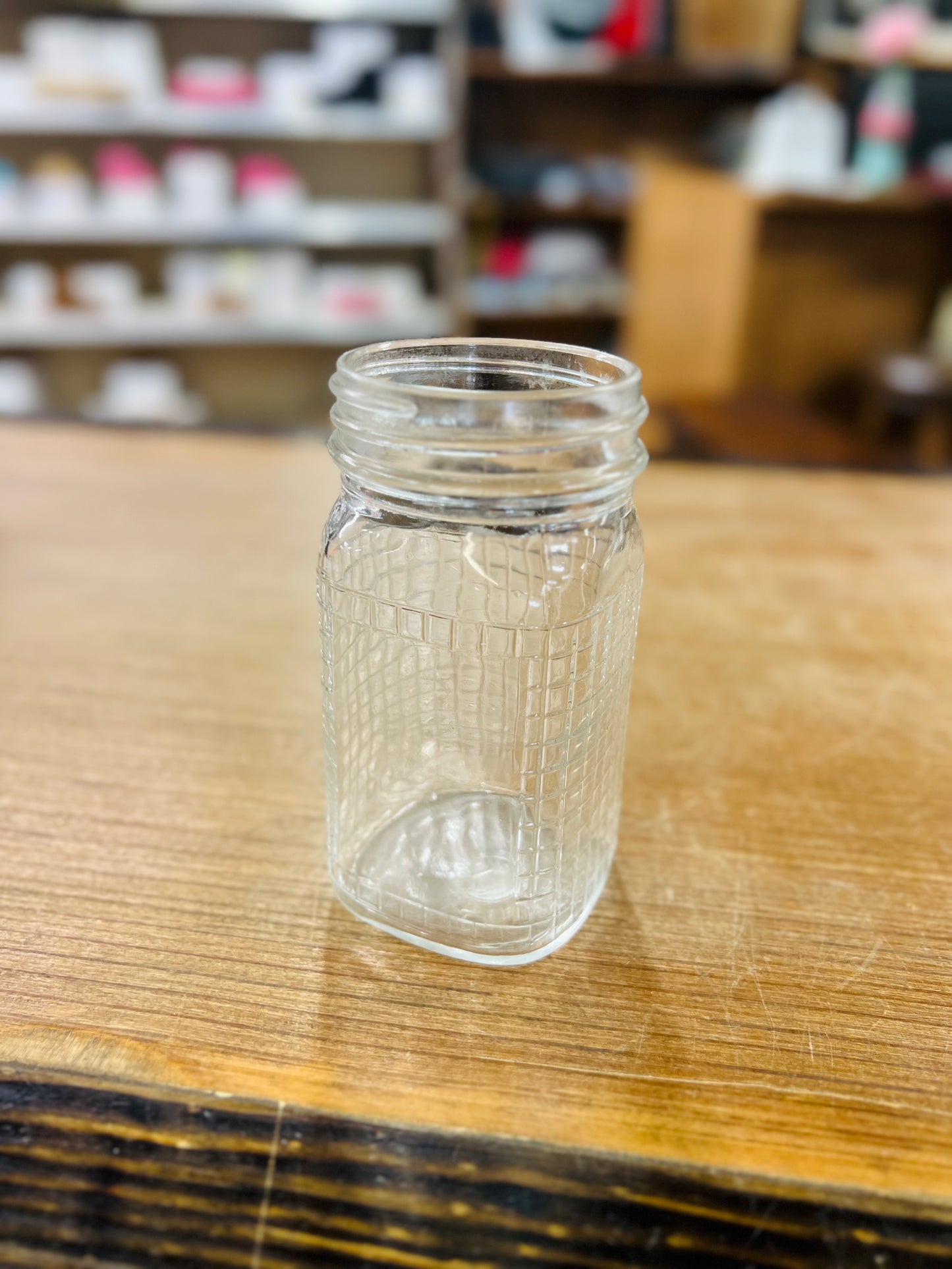 Vintage Clear Glass Waffle Grid Pattern Jar - Pint