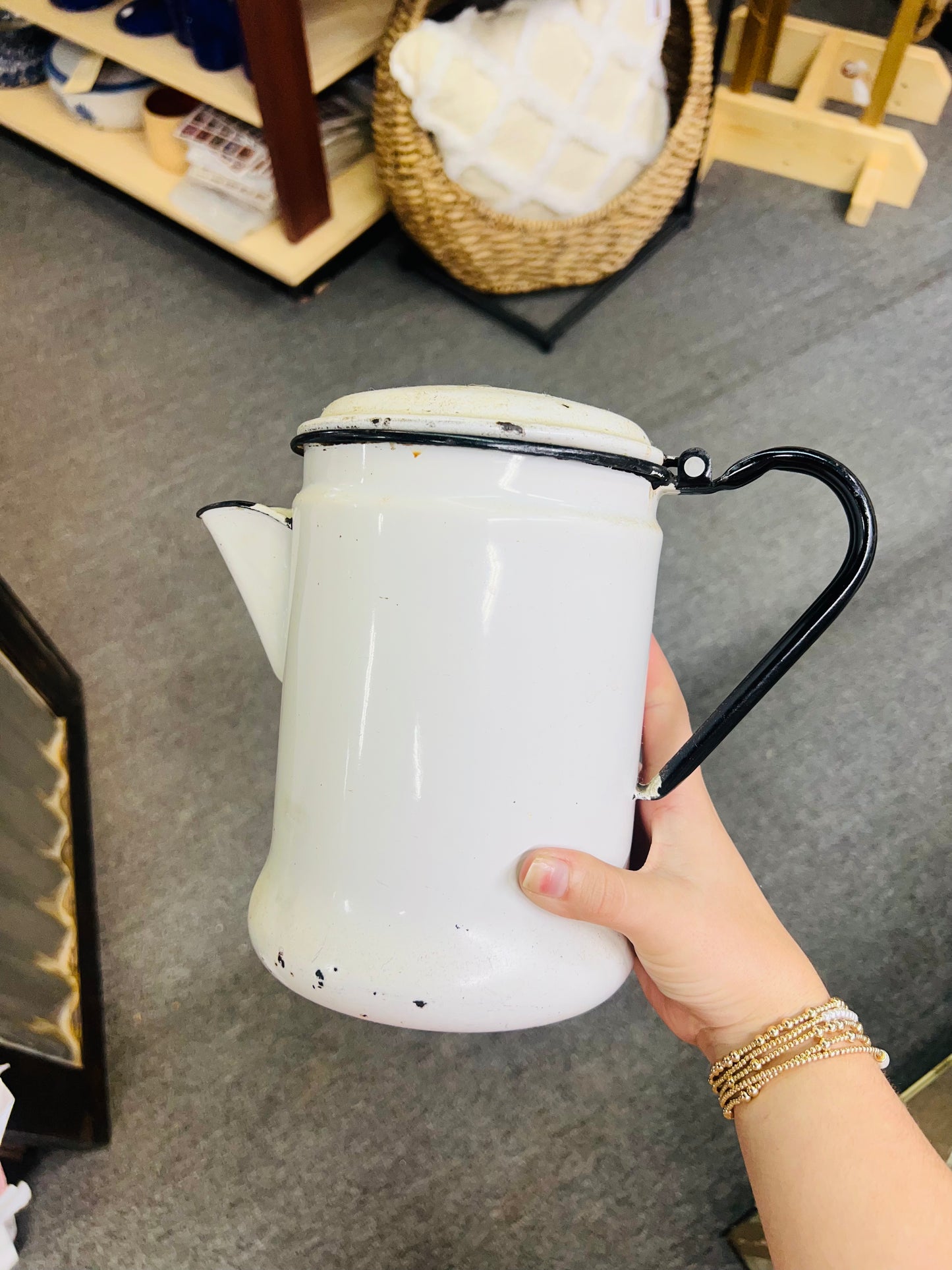 Vintage Enamel Coffee Pot Black and white