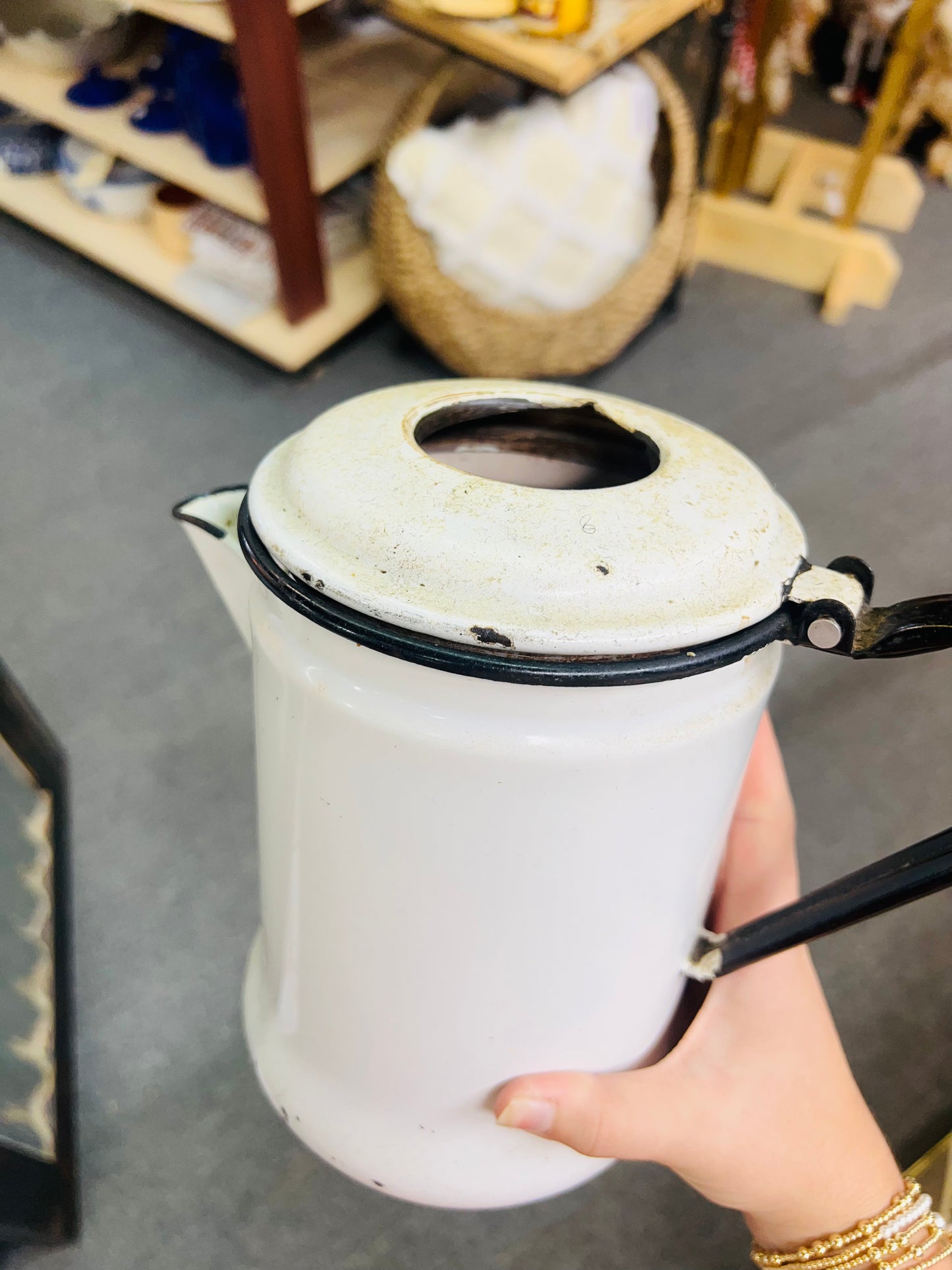 Vintage Enamel Coffee Pot Black and white