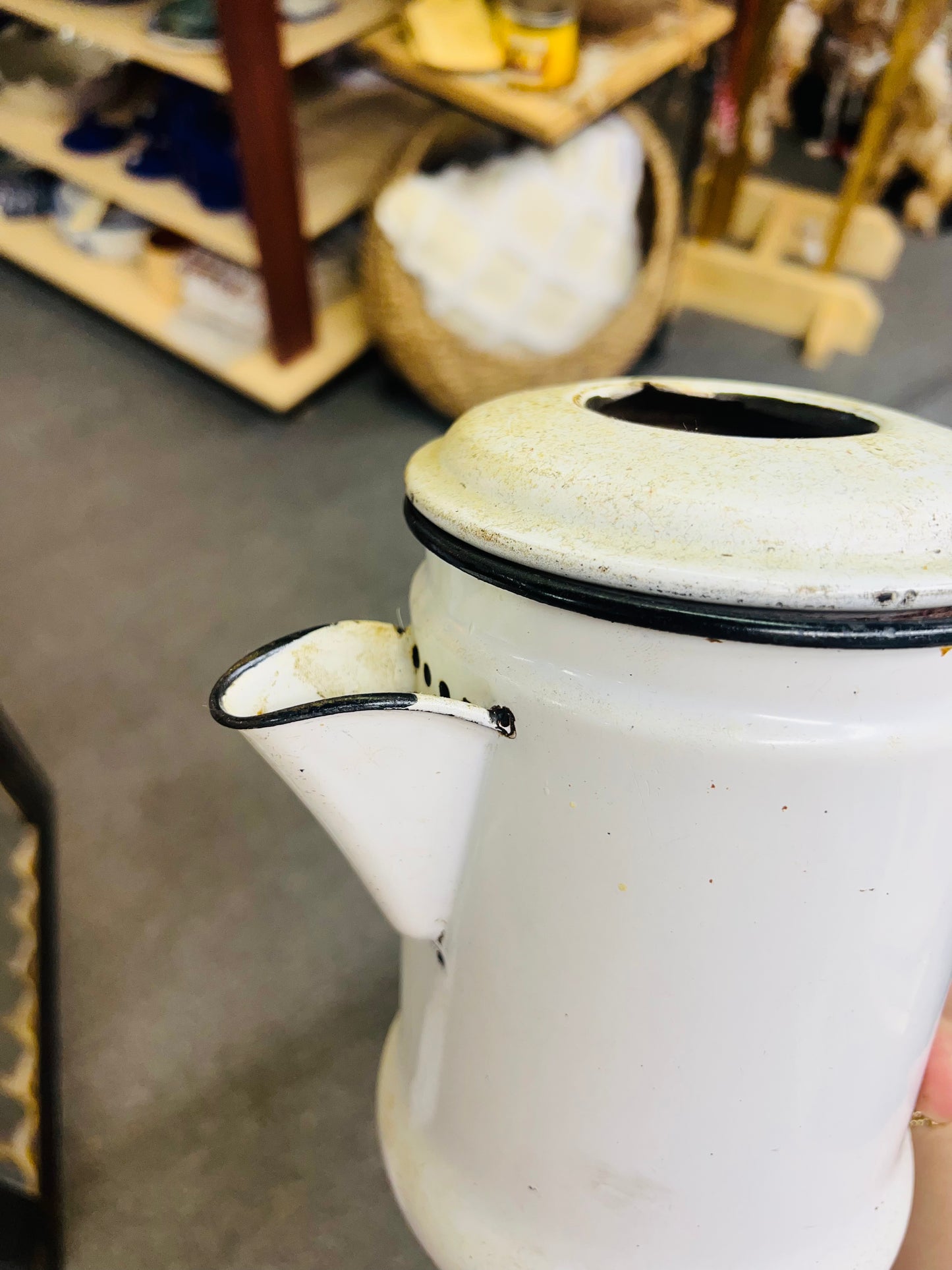Vintage Enamel Coffee Pot Black and white