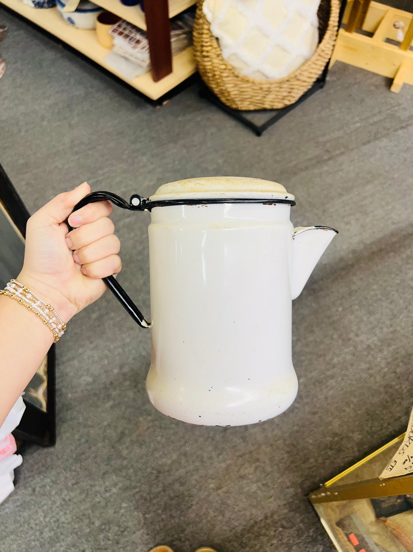Vintage Enamel Coffee Pot Black and white
