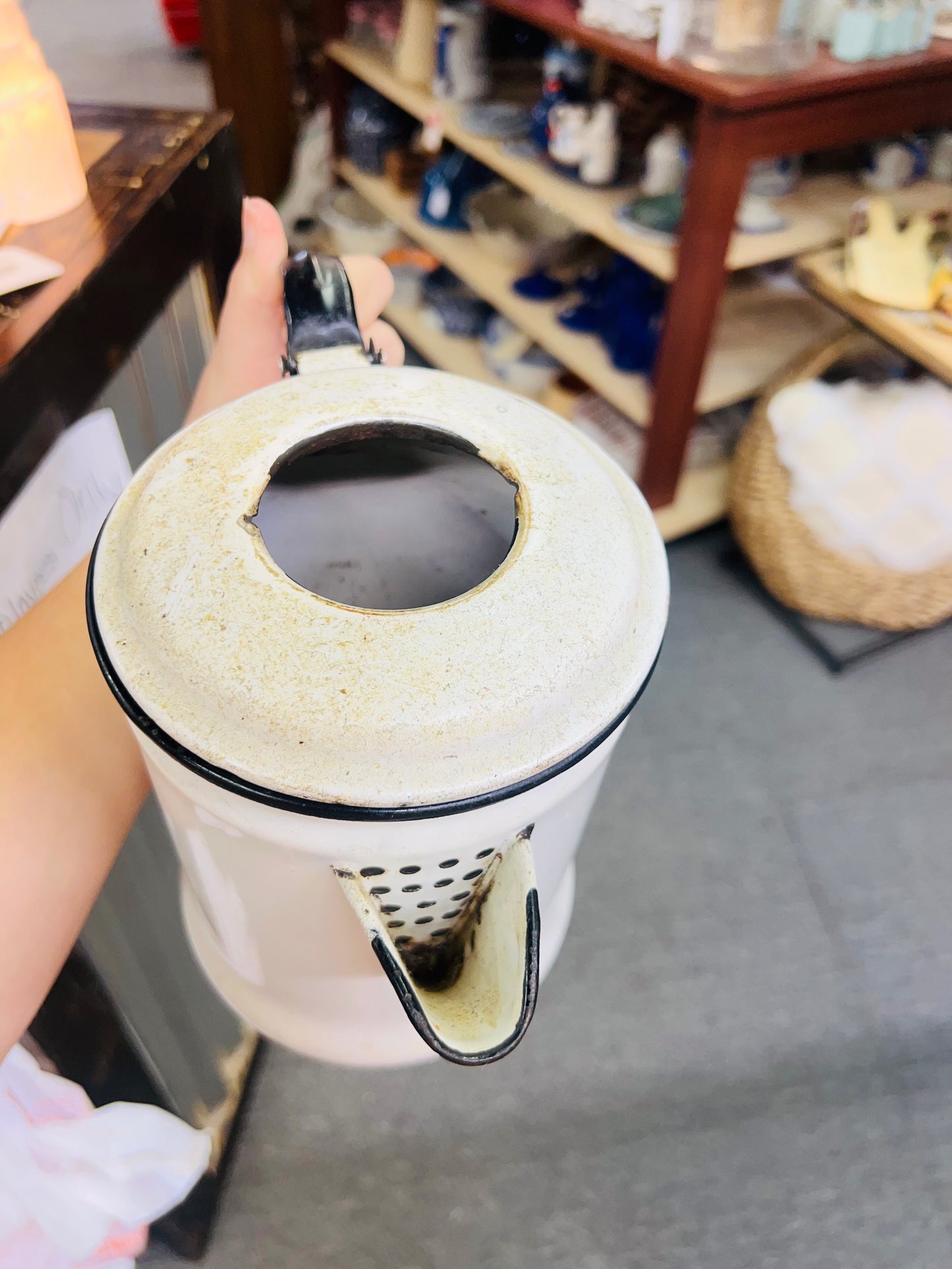 Vintage Enamel Coffee Pot Black and white