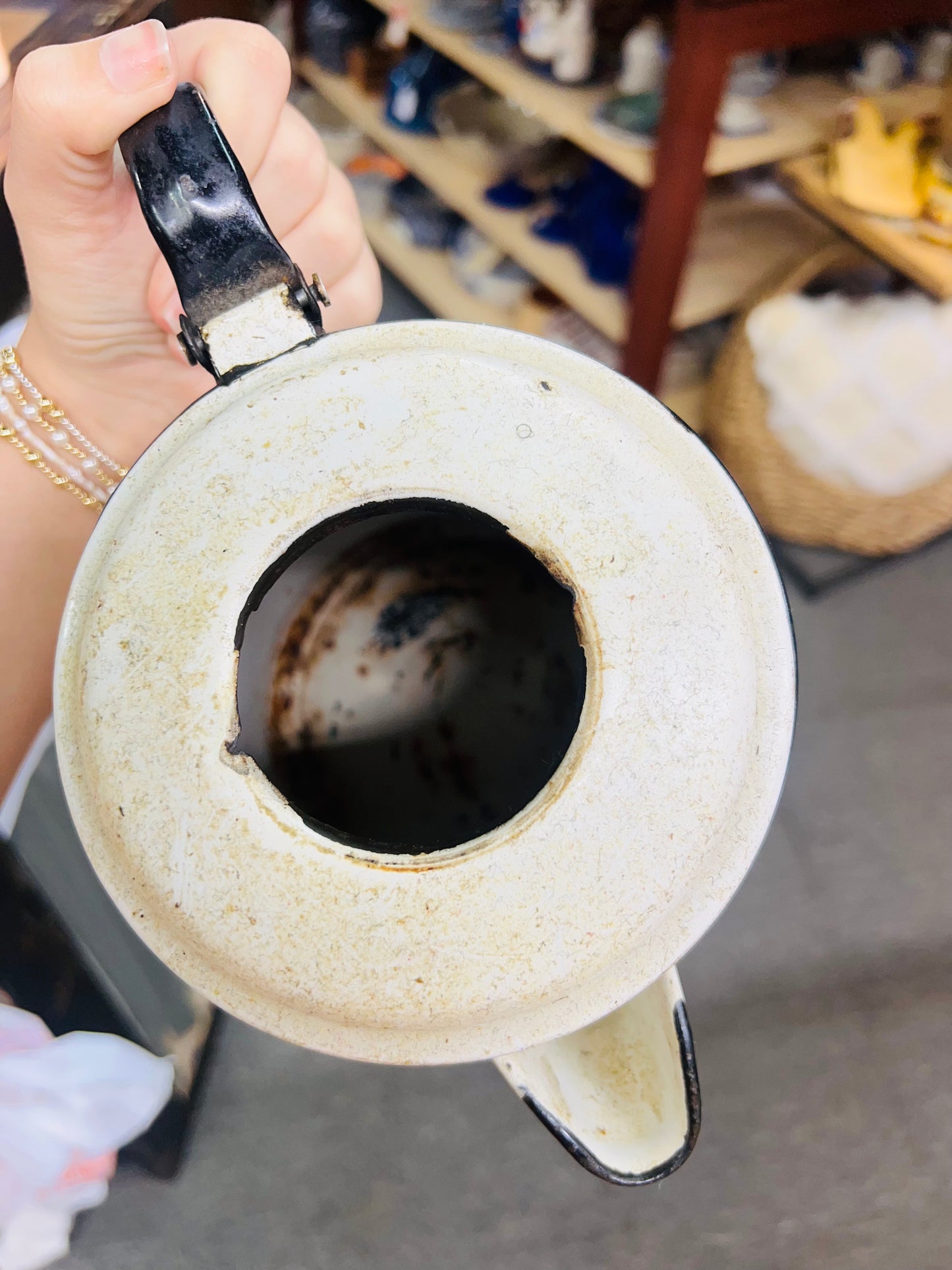 Vintage Enamel Coffee Pot Black and white