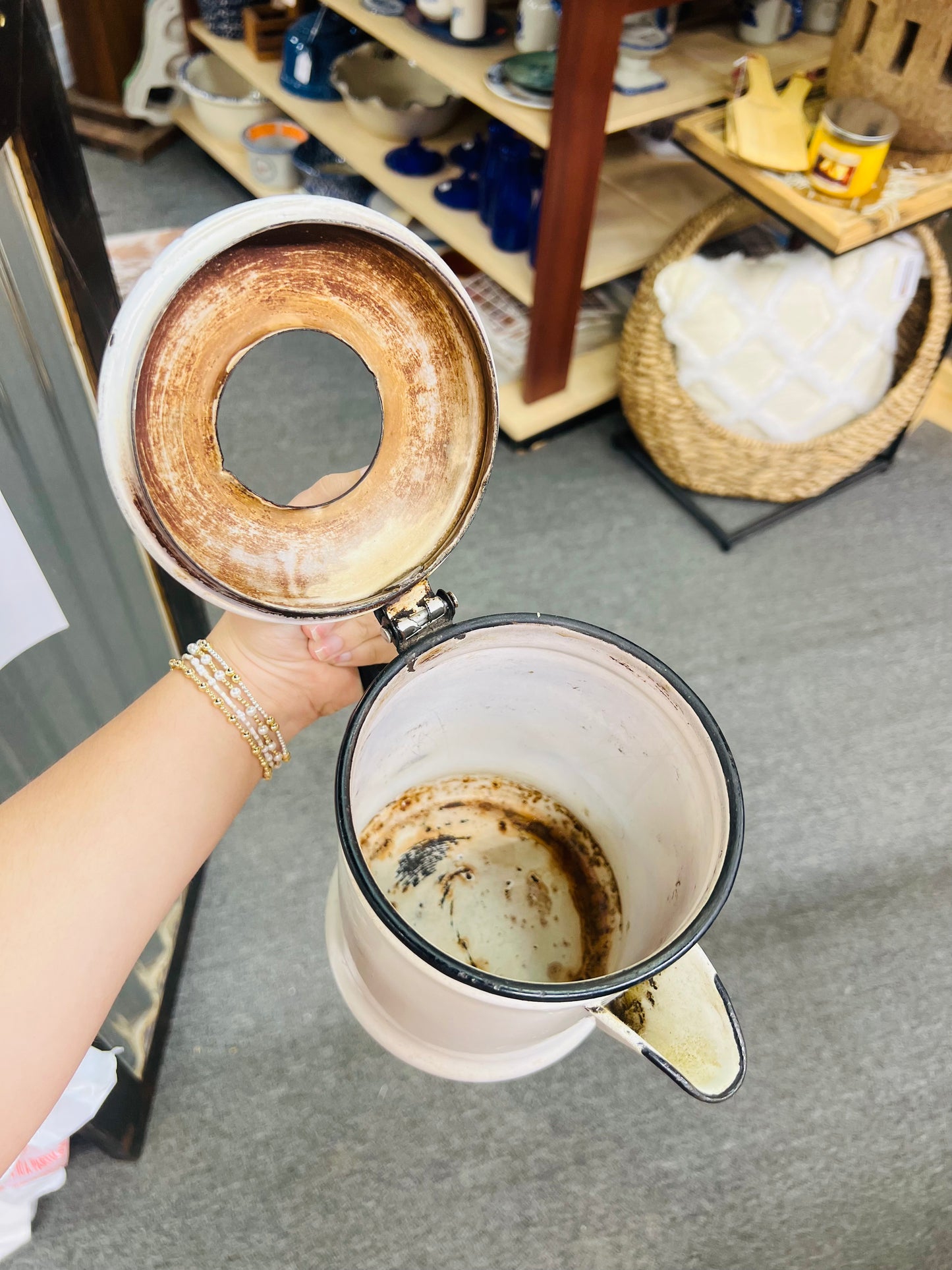 Vintage Enamel Coffee Pot Black and white