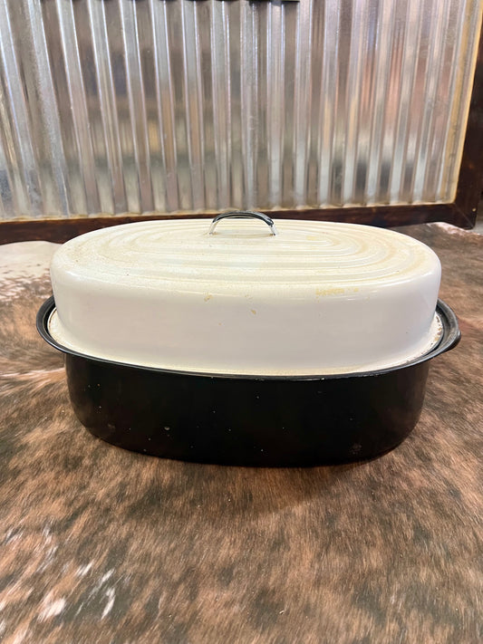 Vintage Black White Enamel Roaster