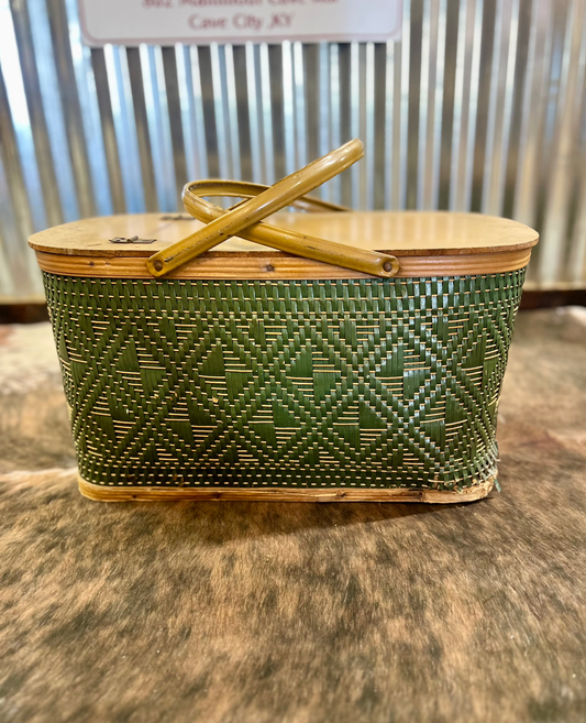 Vintage 1970's Wood Picnic Basket Green Hawkeye Burlington Metal Handles
