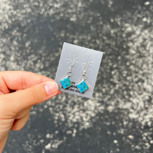 Genuine Turquoise Inlay Square Turquoise Dangle Earrings