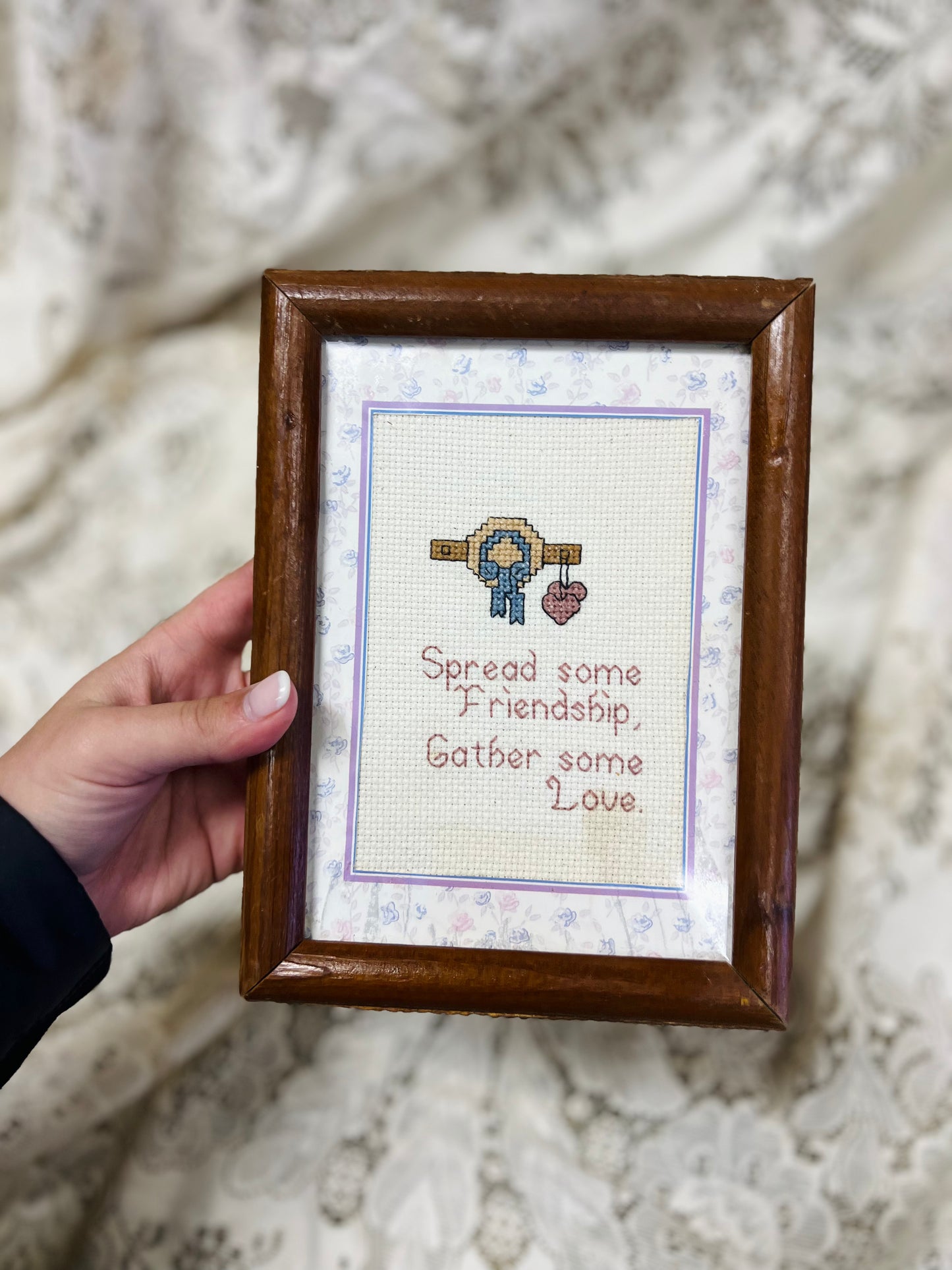 Vintage Framed Cross Stitch "Spread some Friendship, Gather some Love"
