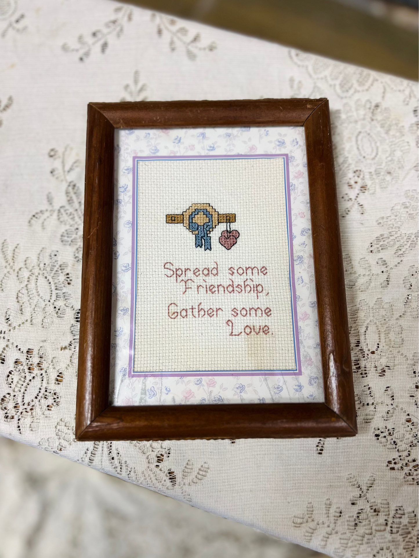Vintage Framed Cross Stitch "Spread some Friendship, Gather some Love"