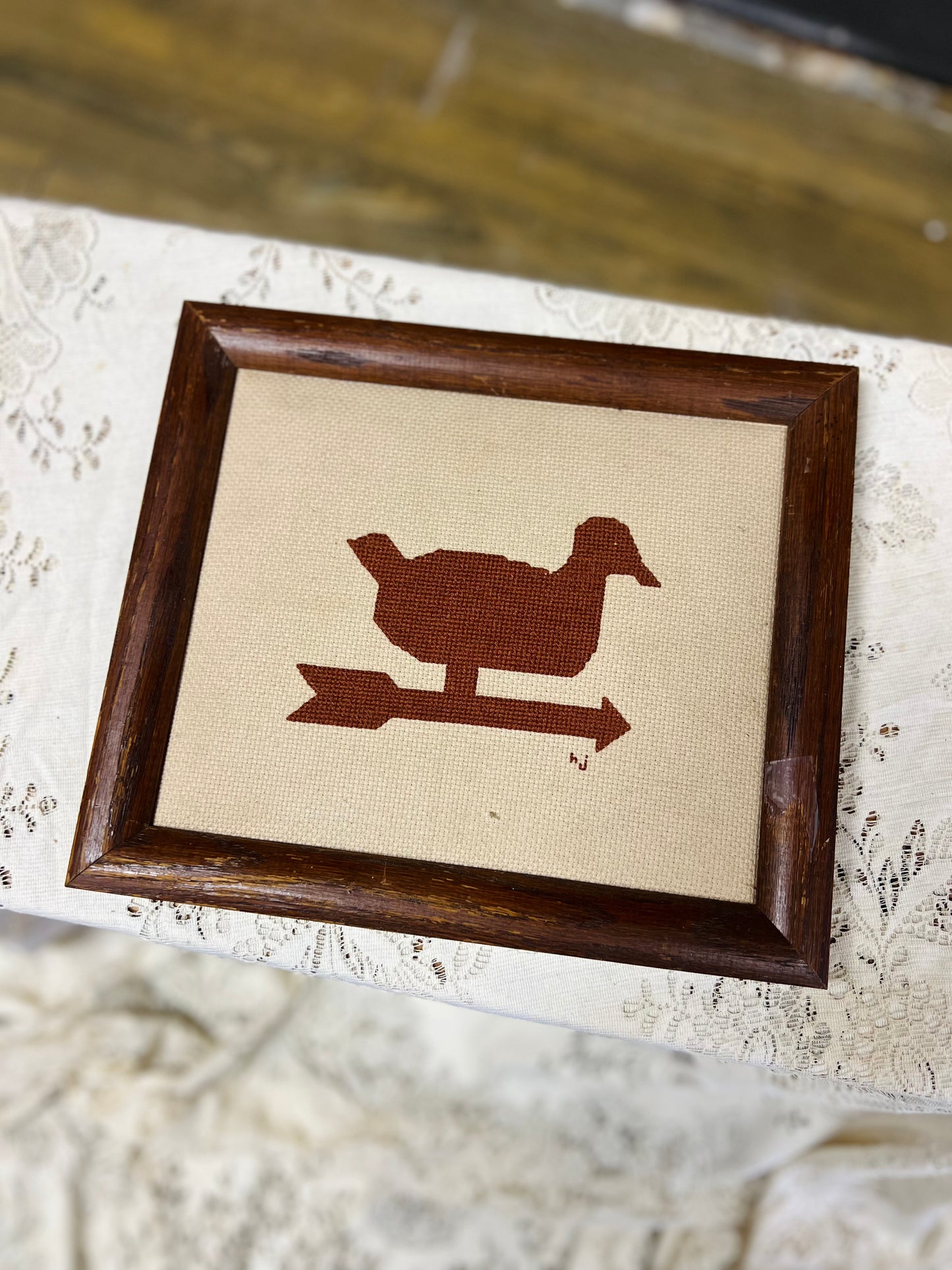 Vintage Framed Needlework Rustic Duck Decoy Weathervane