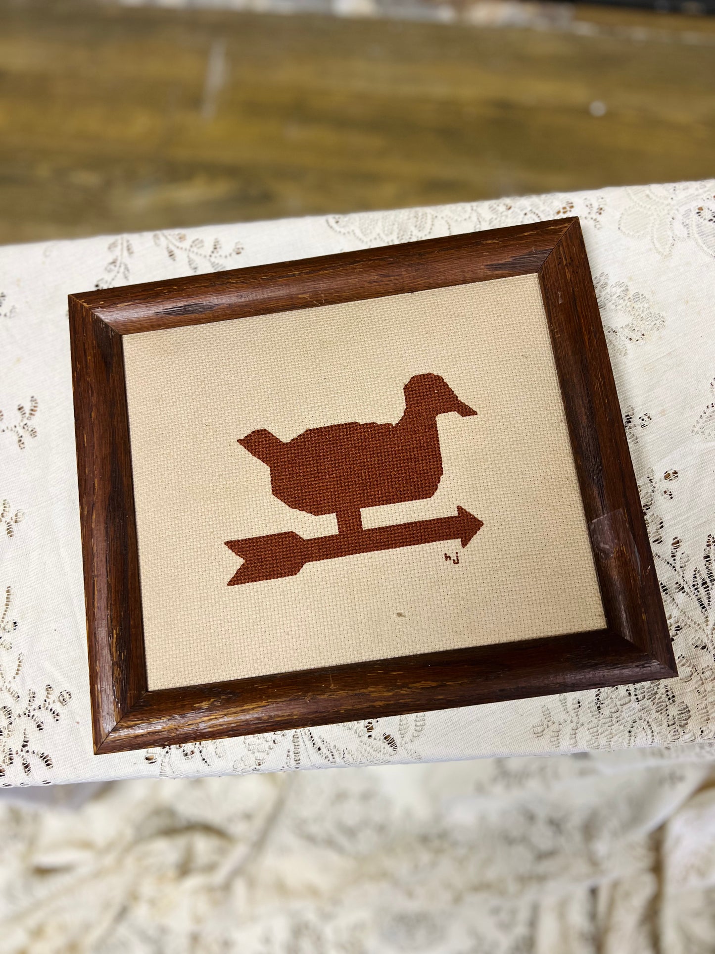 Vintage Framed Needlework Rustic Duck Decoy Weathervane