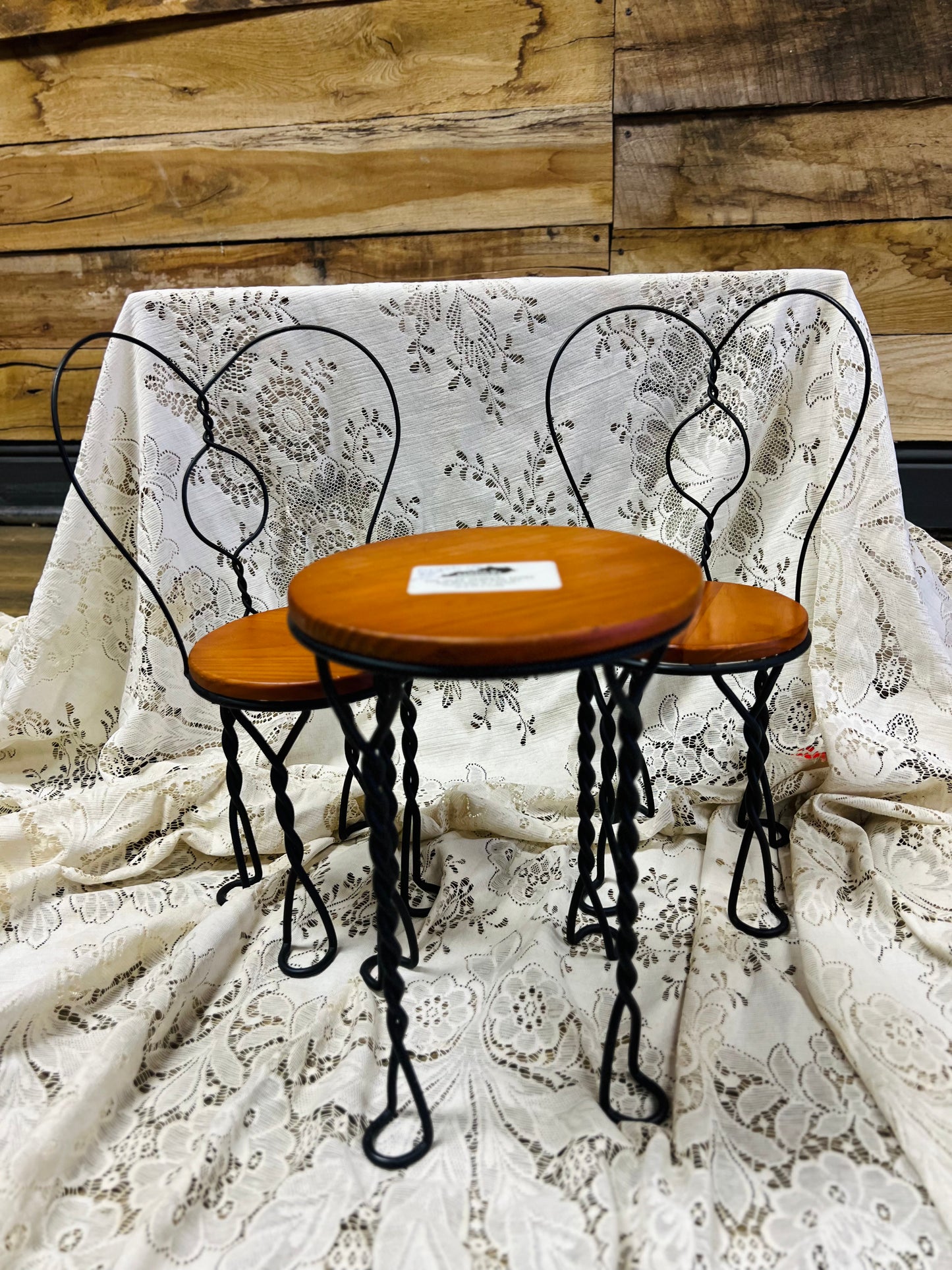 Vintage Iron Heart Wood Table and Chairs - Doll Sized