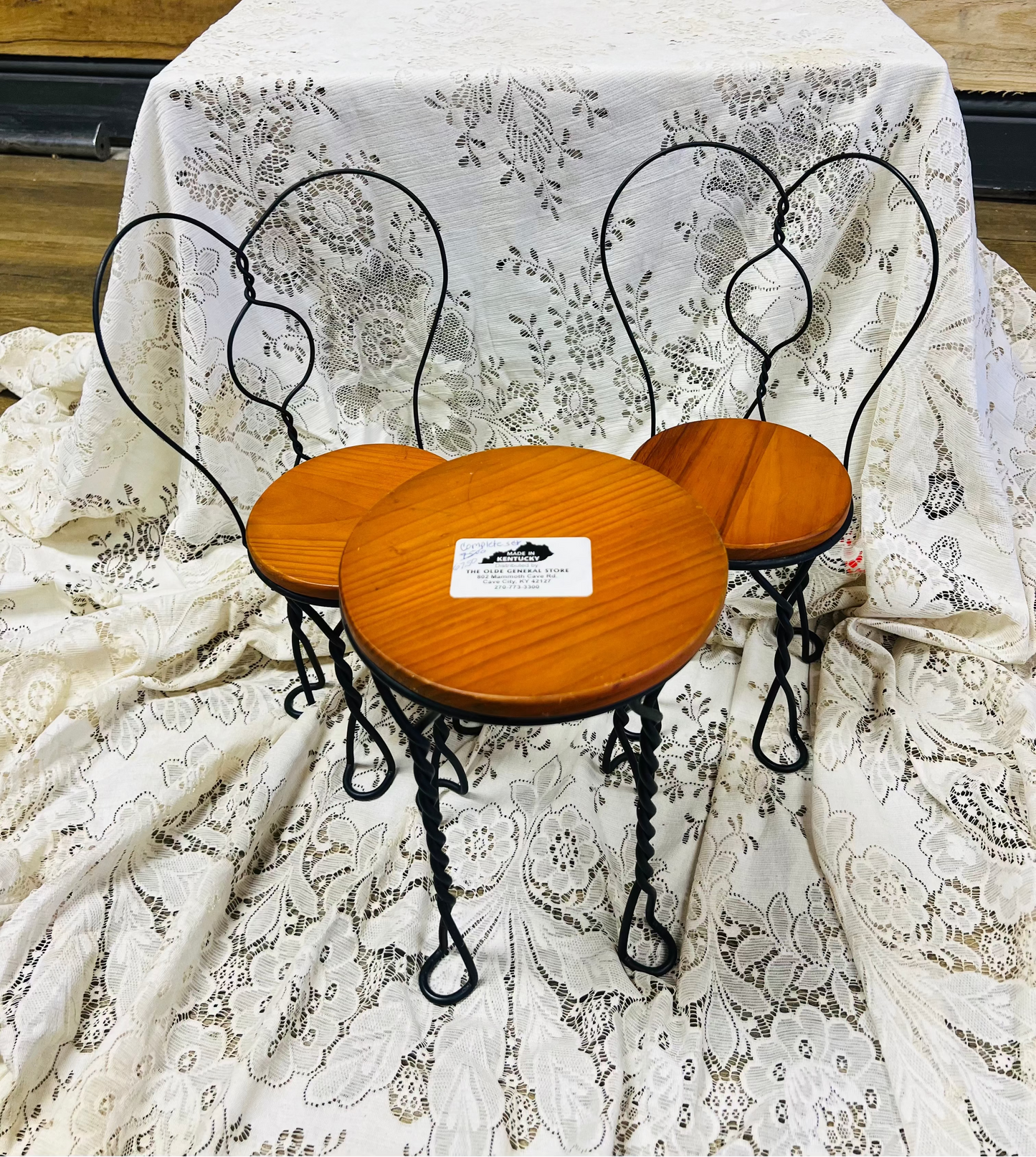 Vintage Iron Heart Wood Table and Chairs - Doll Sized