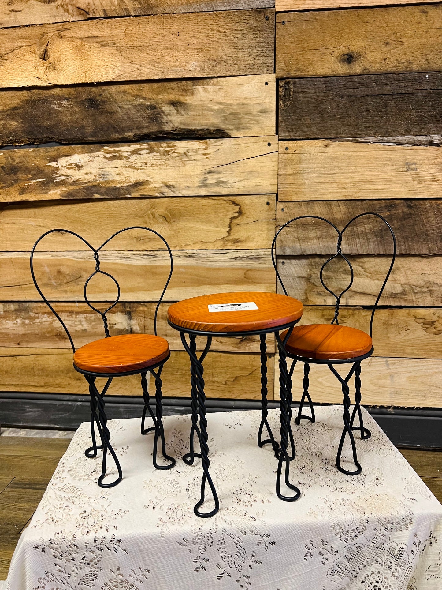 Vintage Iron Heart Wood Table and Chairs - Doll Sized
