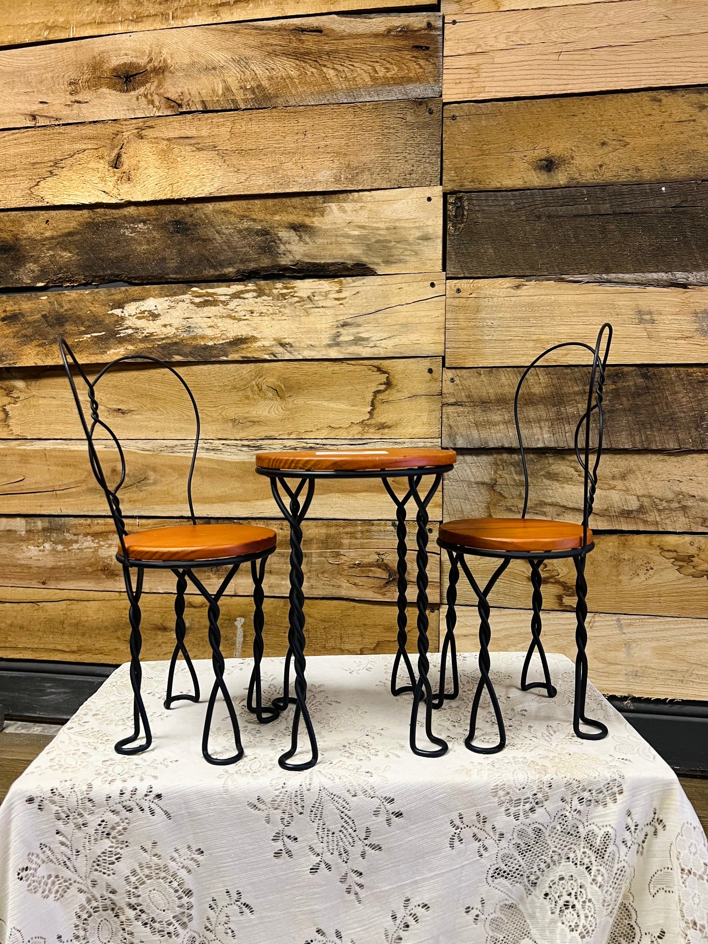 Vintage Iron Heart Wood Table and Chairs - Doll Sized