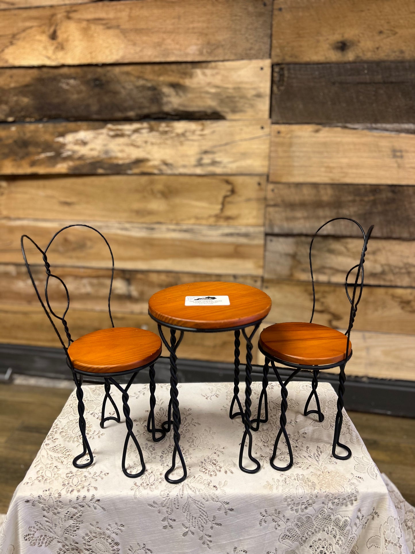 Vintage Iron Heart Wood Table and Chairs - Doll Sized