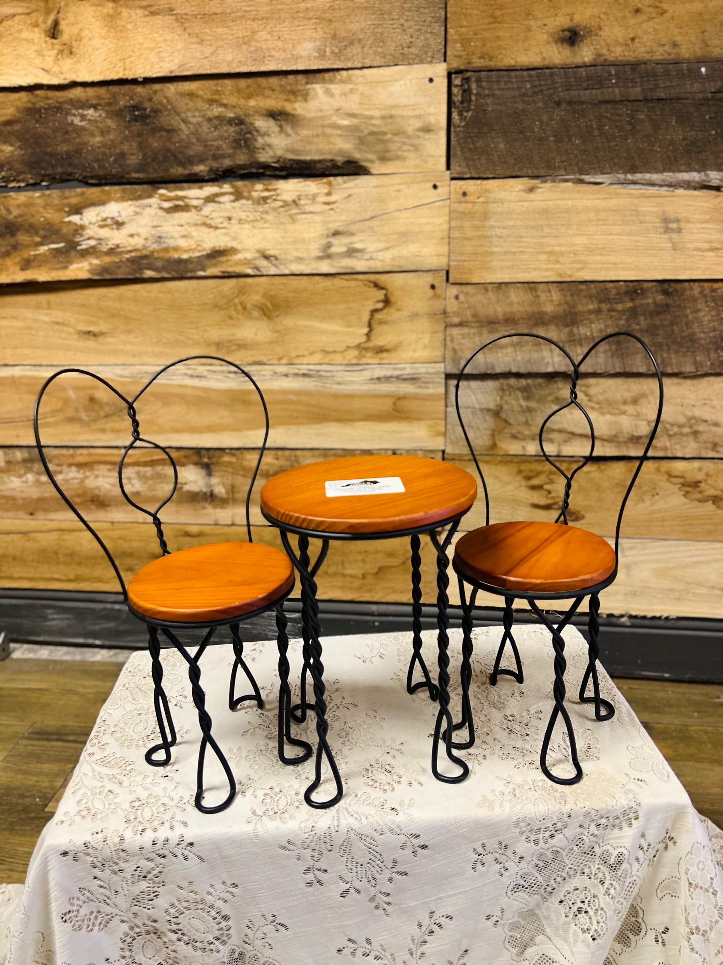 Vintage Iron Heart Wood Table and Chairs - Doll Sized