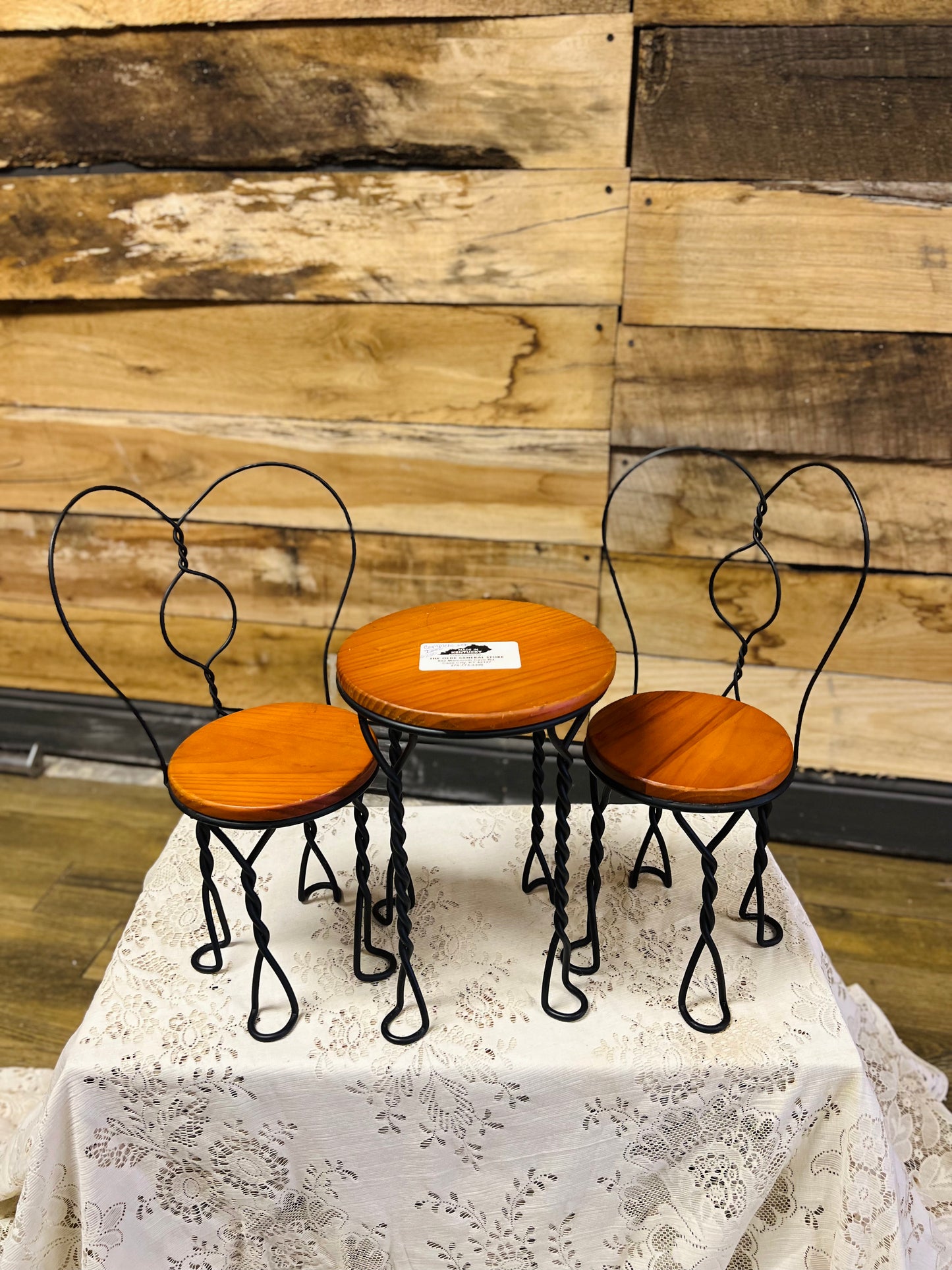 Vintage Iron Heart Wood Table and Chairs - Doll Sized
