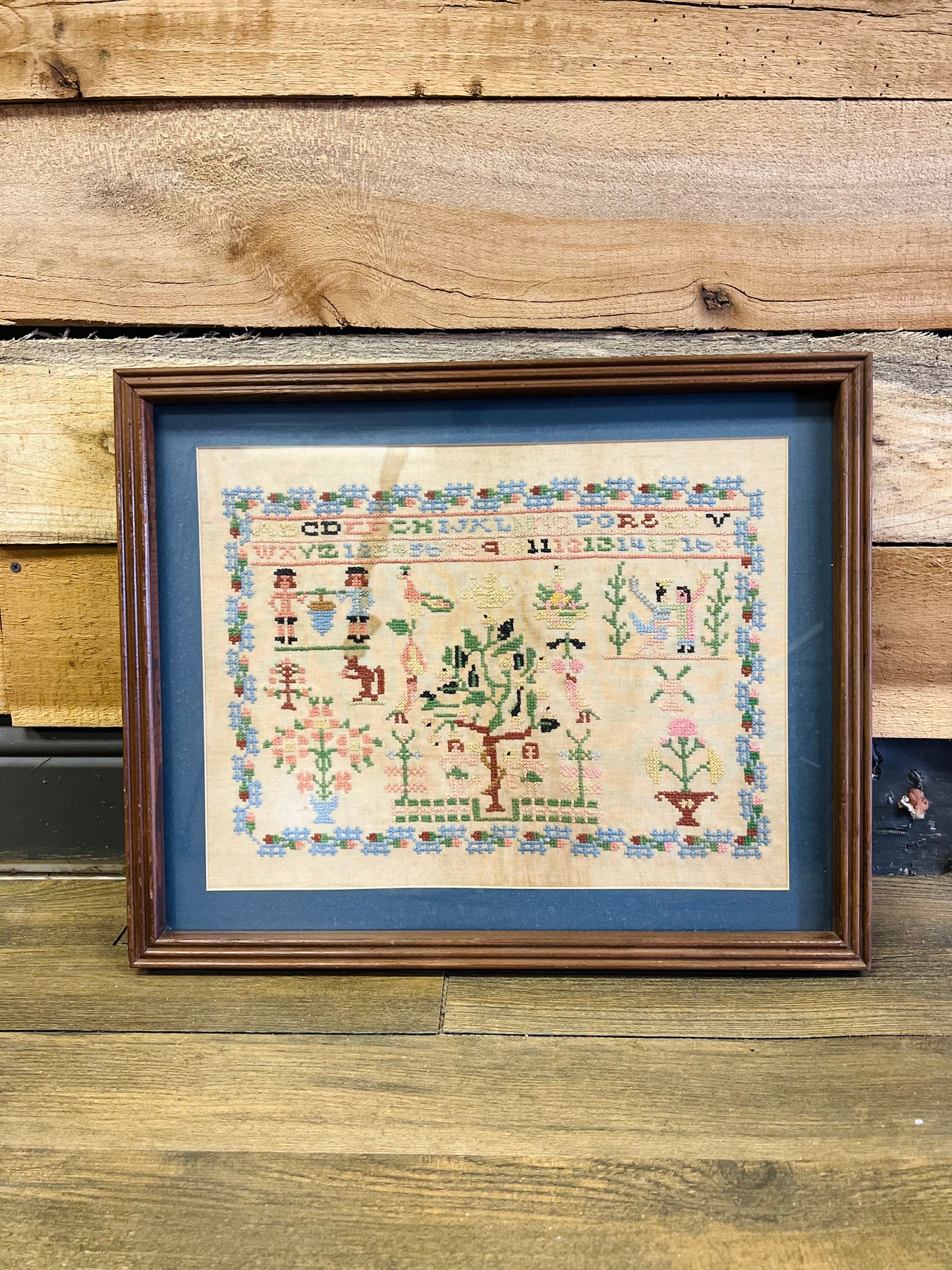 Vintage Garden of Eden Cross Stitch Wood Framed Needlework
