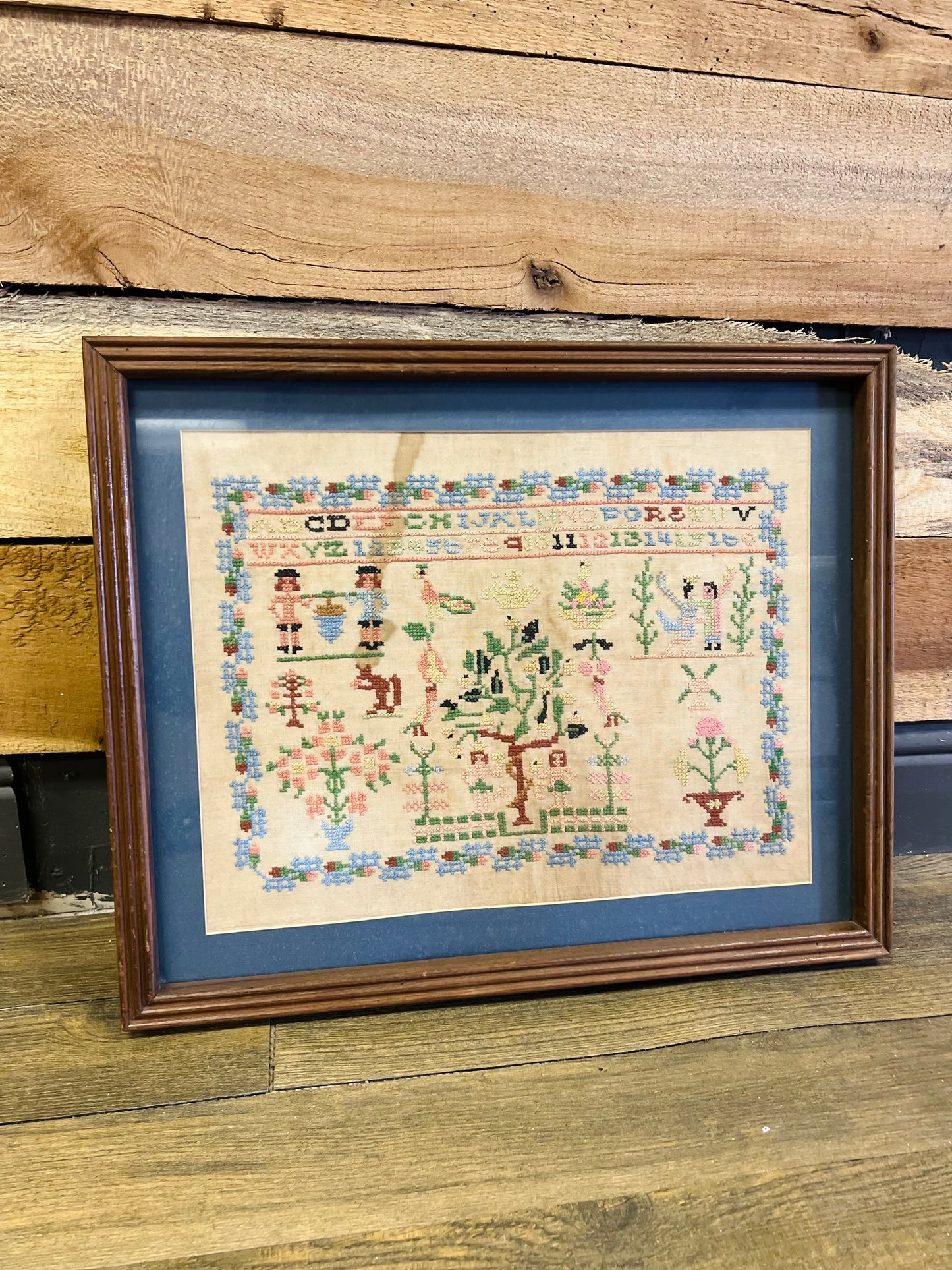 Vintage Garden of Eden Cross Stitch Wood Framed Needlework