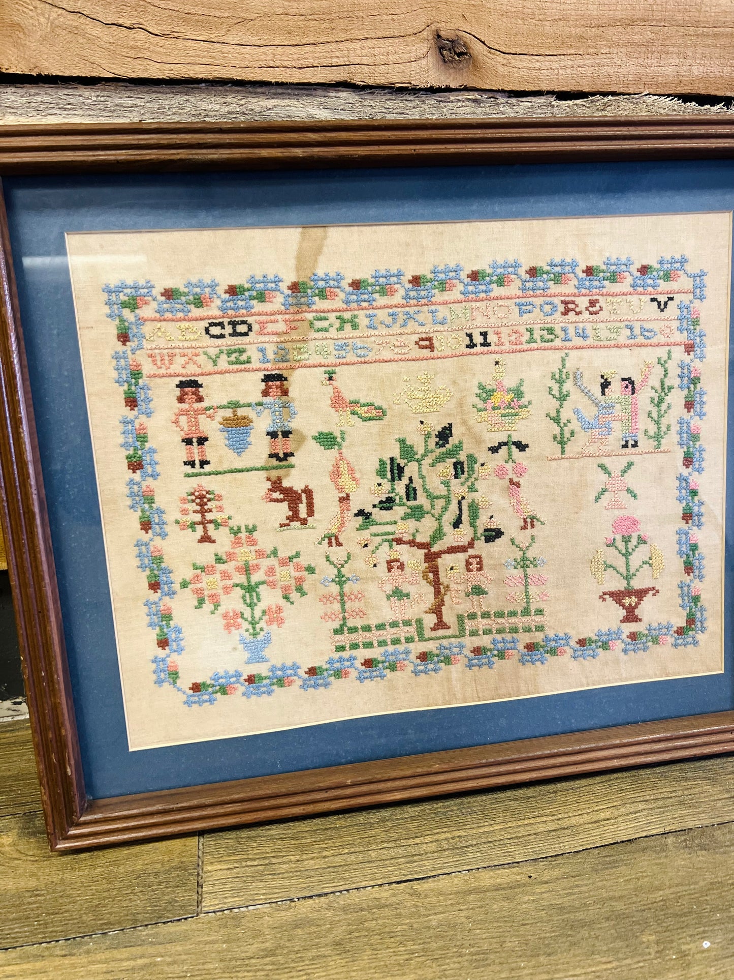 Vintage Garden of Eden Cross Stitch Wood Framed Needlework