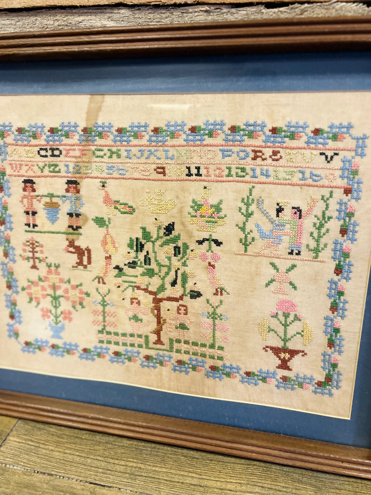 Vintage Garden of Eden Cross Stitch Wood Framed Needlework