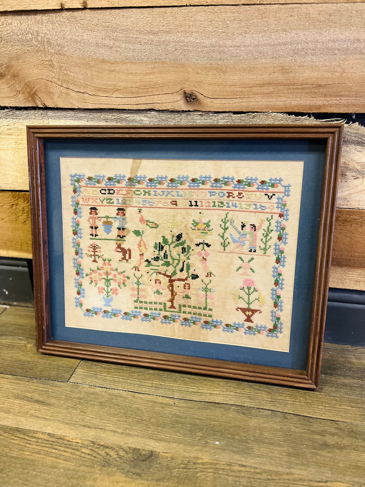 Vintage Garden of Eden Cross Stitch Wood Framed Needlework
