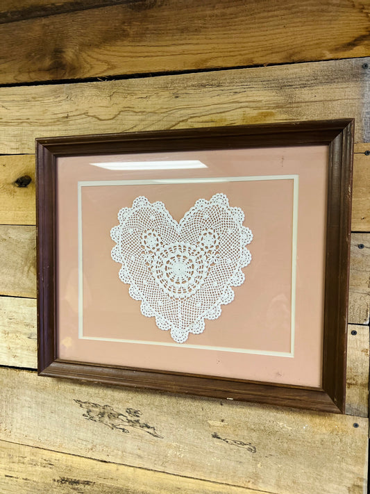 Vintage Wood Framed Heart Doily Wall Decor