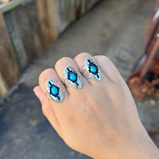 Turquoise and Sterling Silver Aztec Shadowbox Ring