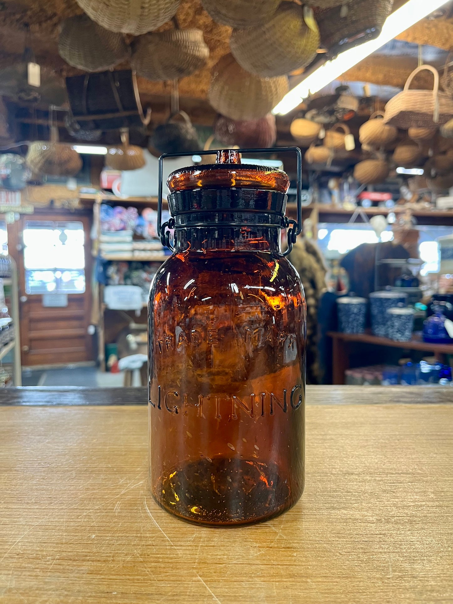 Vintage "Trade Mark Lightning" Amber Fruit Jar